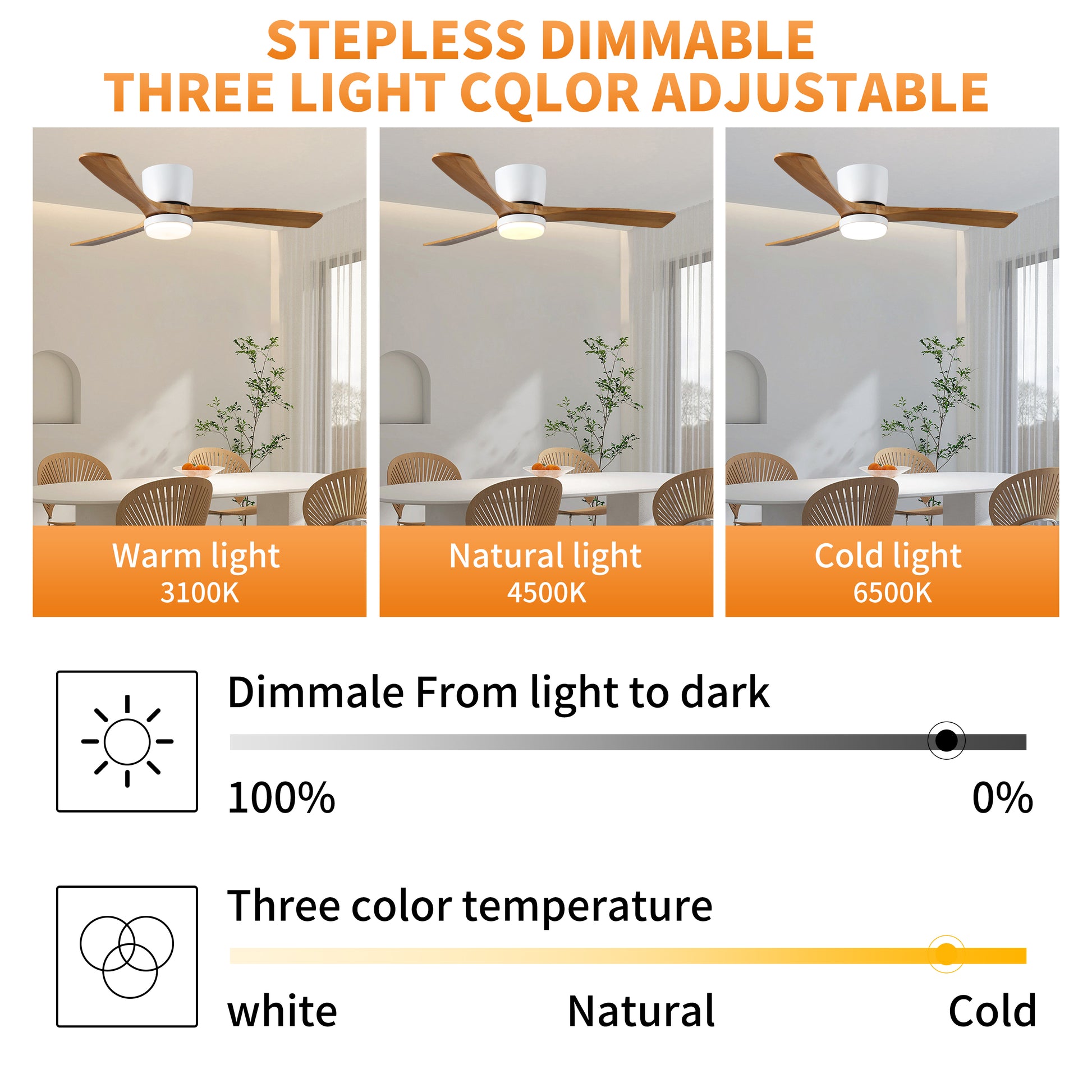 Modern wood ceiling fan with integrated dimmable light three color temperatures