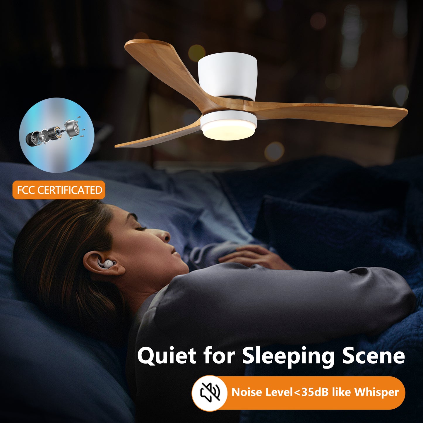 Modern white and wood ceiling fan with integrated LED light for bedroom use