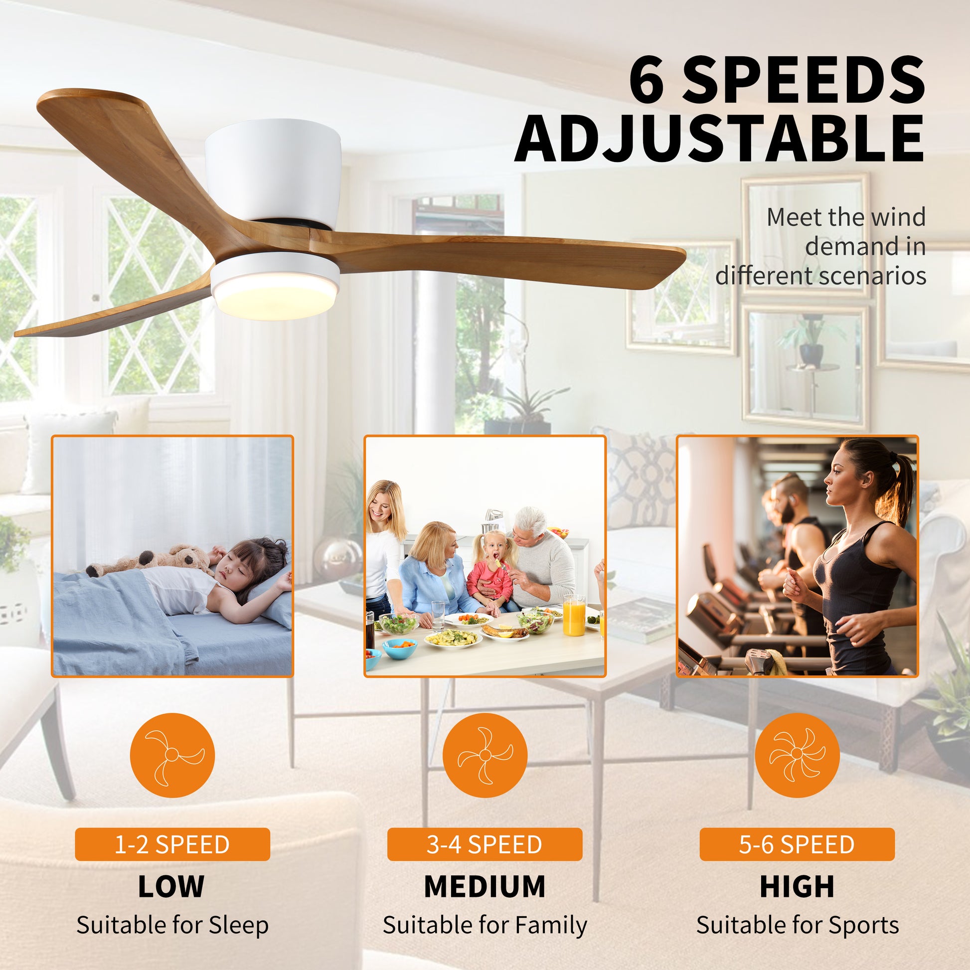 Modern wood and white LED ceiling fan with  adjustable speeds for various needs