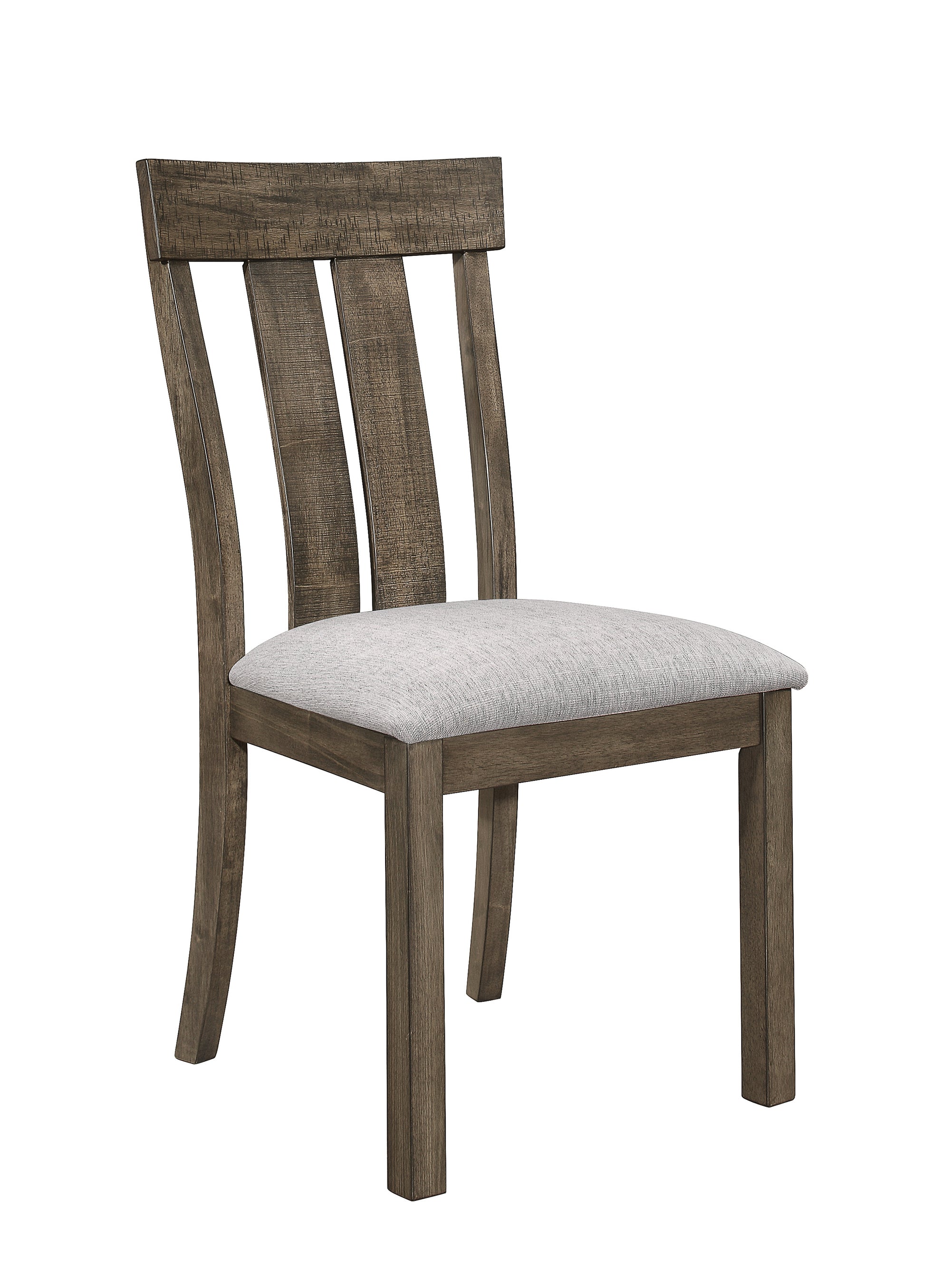 Rustic brown wood dining chair with upholstered light gray seat