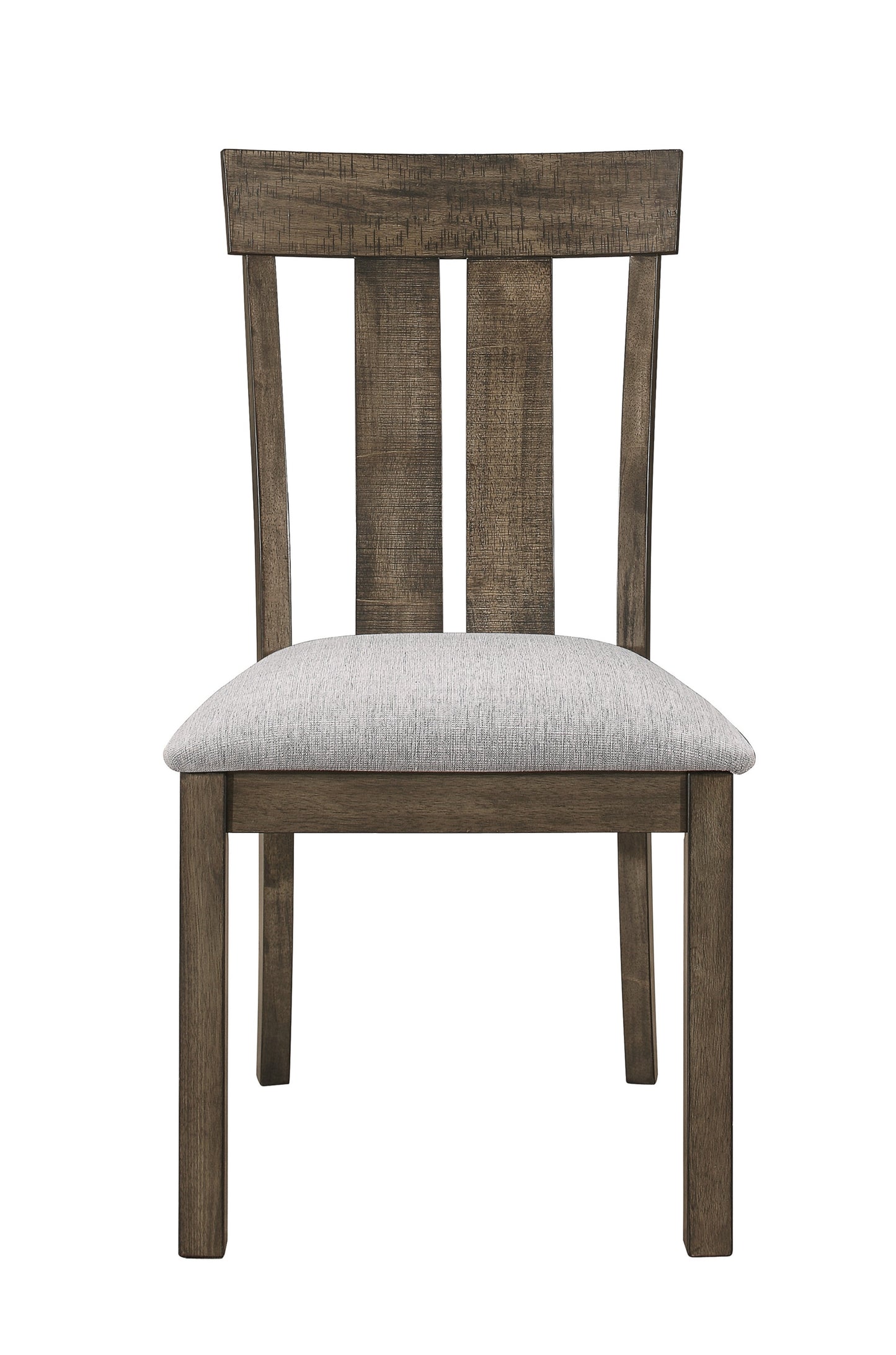 Rustic brown wood dining chair with light grey fabric seat