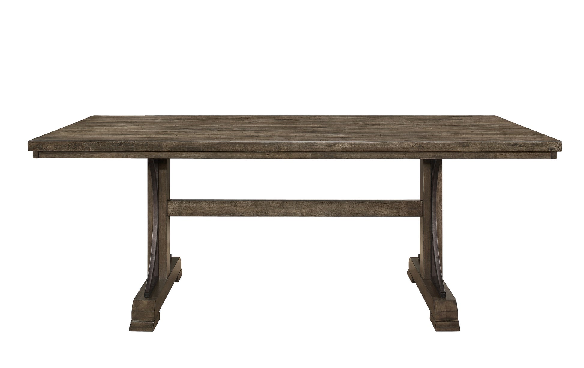 Rustic dark wood dining table with trestle base and planked top