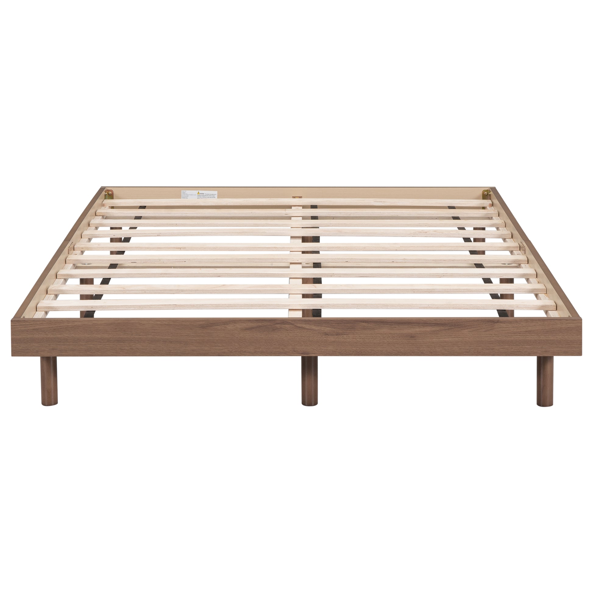 Wooden slatted bed frame with dark brown wood finish