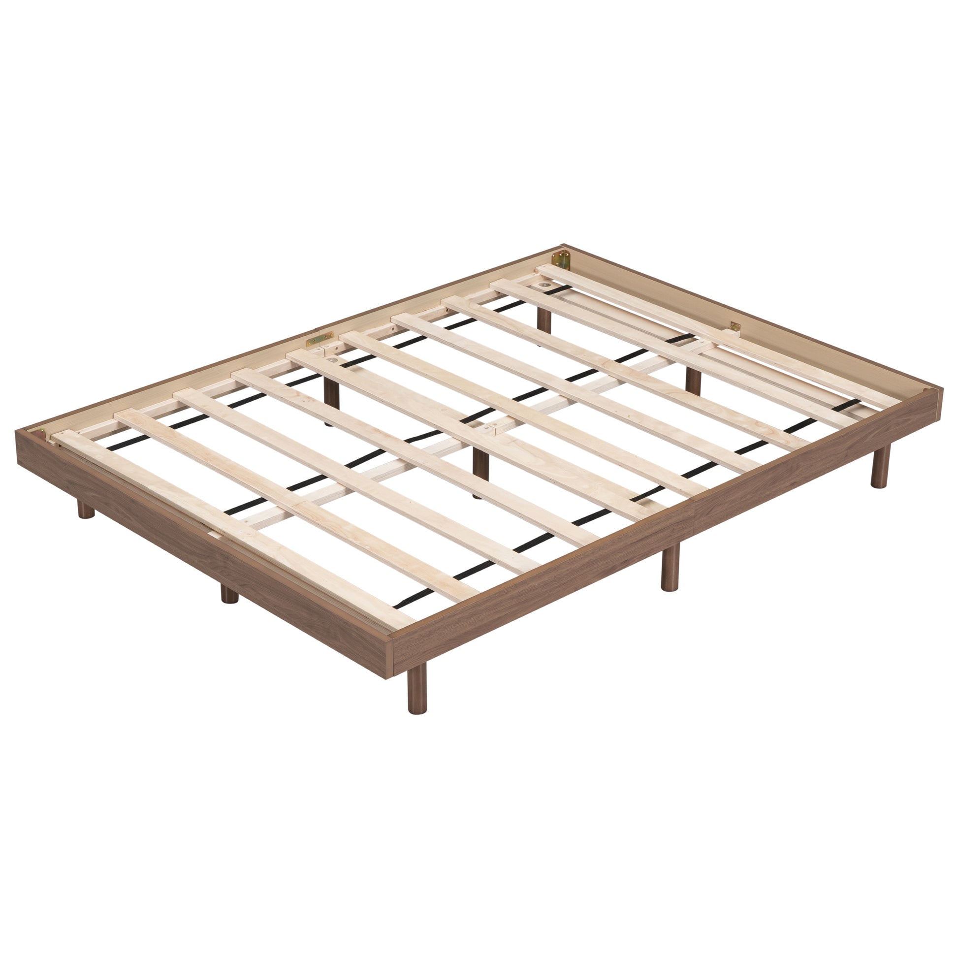 Walnut wood bed frame platform with sturdy wood slats and angled legs for mattress support