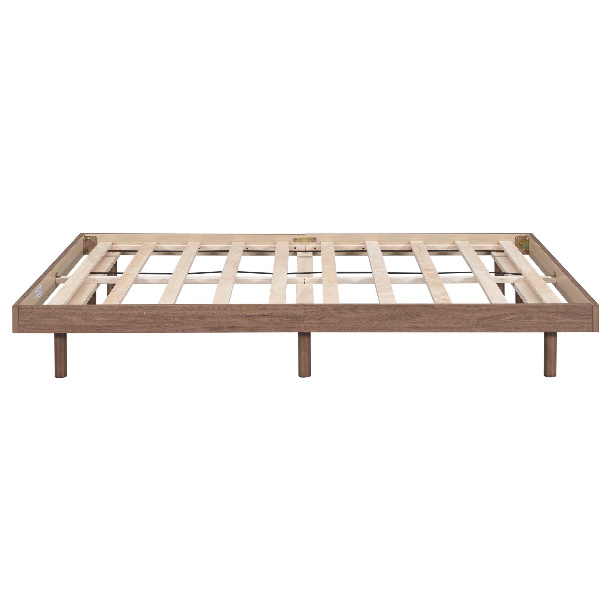 Queen size walnut wood bed frame with slatted support