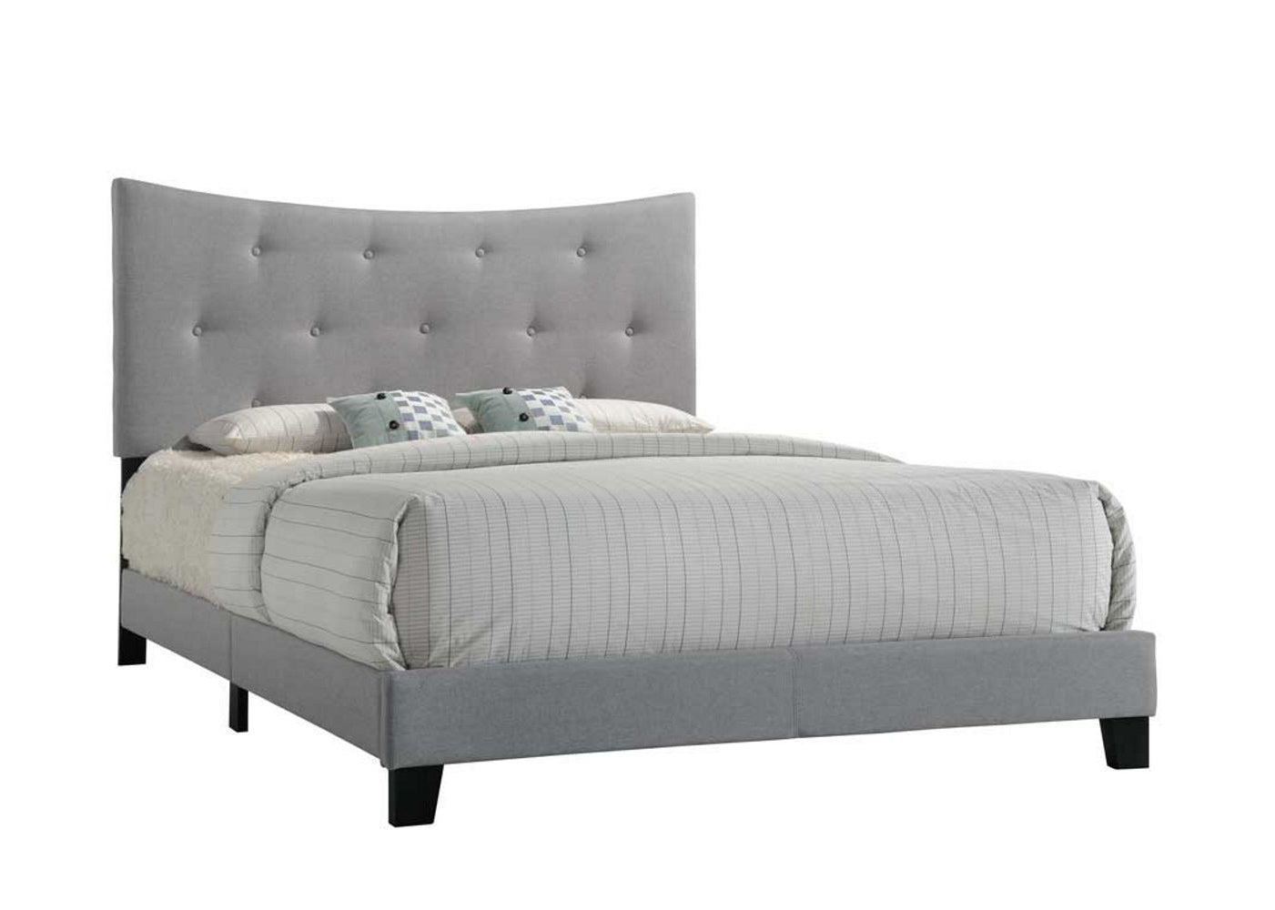 Light grey upholstered bed frame with tufted headboard and striped bedding