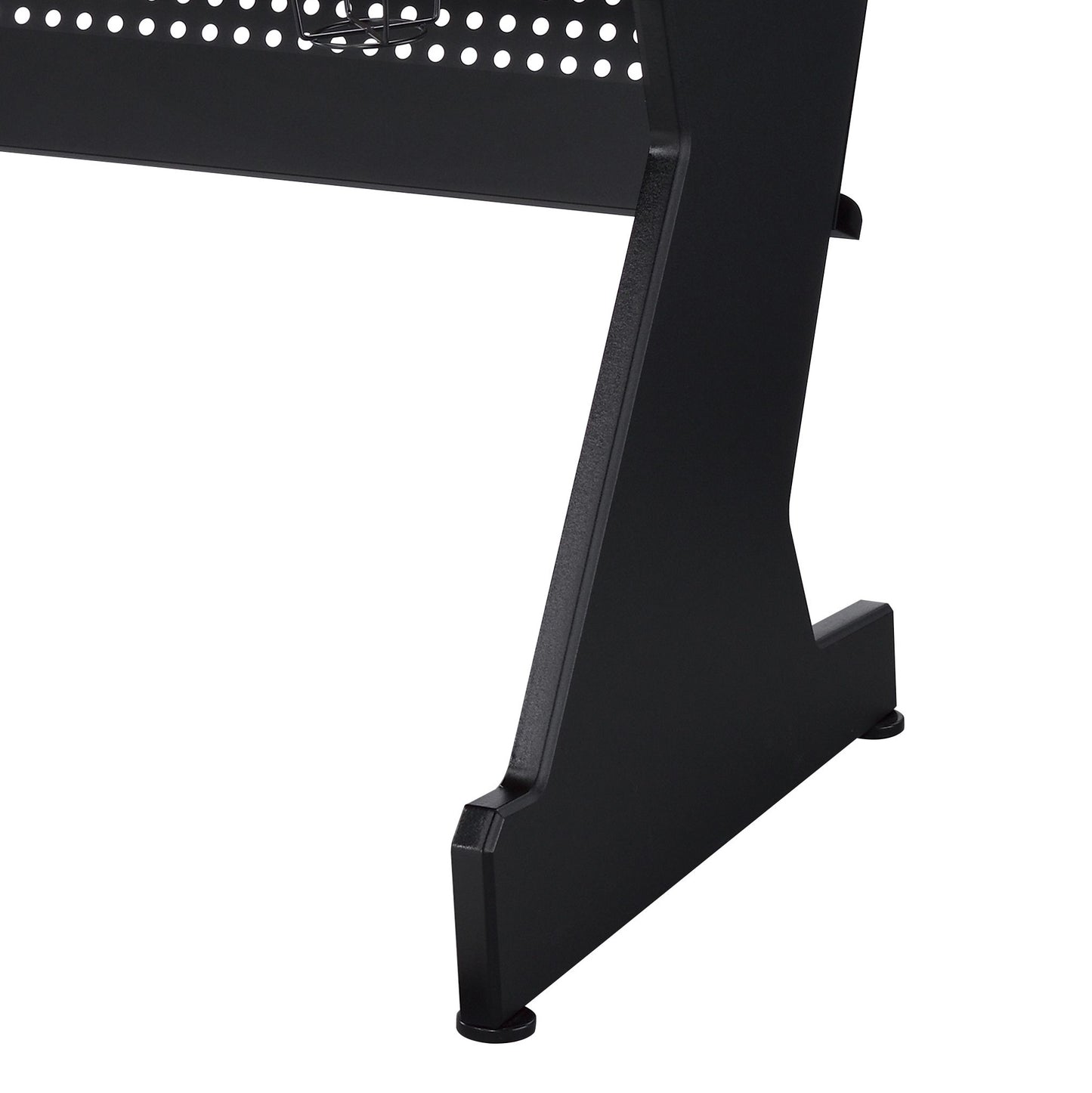 Black metal desk leg with a perforated upper surface detail