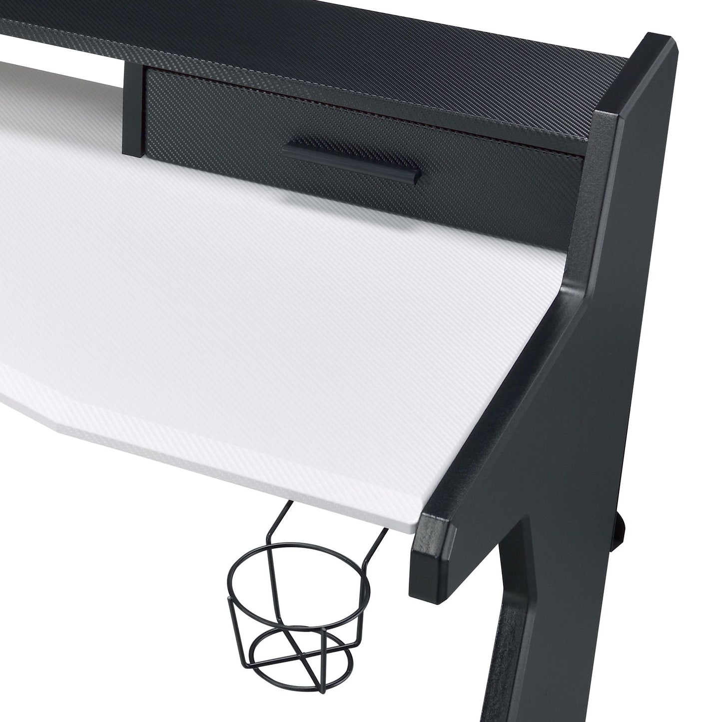 Black gaming desk with white textured surface carbon fiber drawer and cup holder