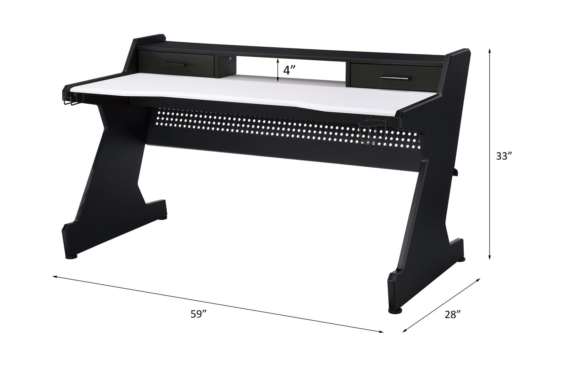 Black and white modern studio desk with two drawers and a cupholder