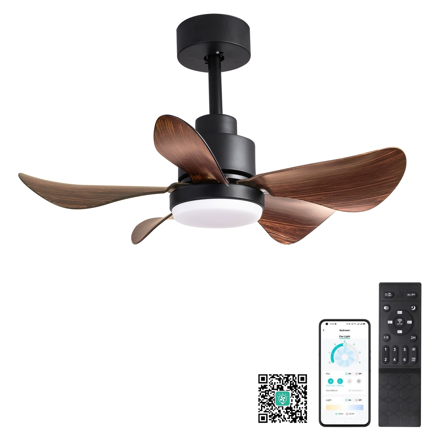 Modern black ceiling fan with oilrubbed bronze blades and integrated LED light