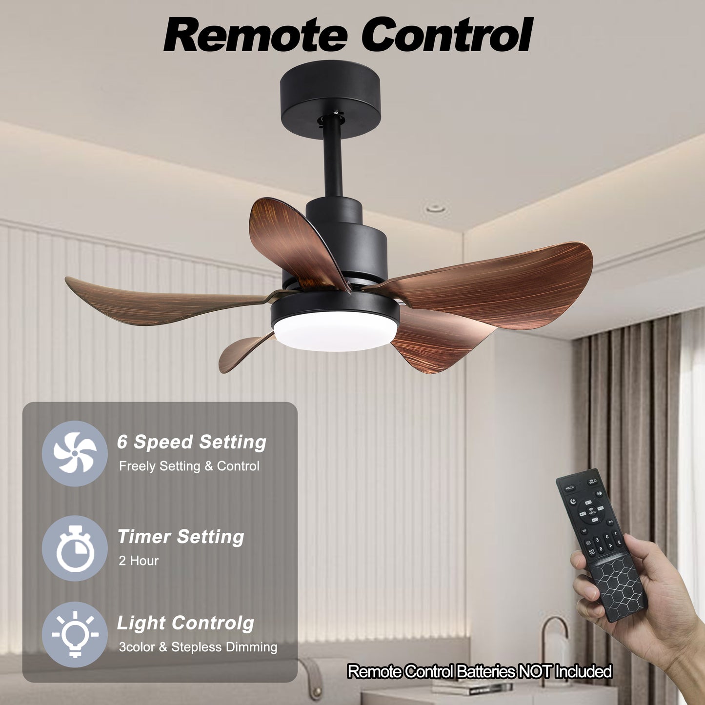 Modern ceiling fan with dark woodgrain blades and integrated LED light controlled by remote