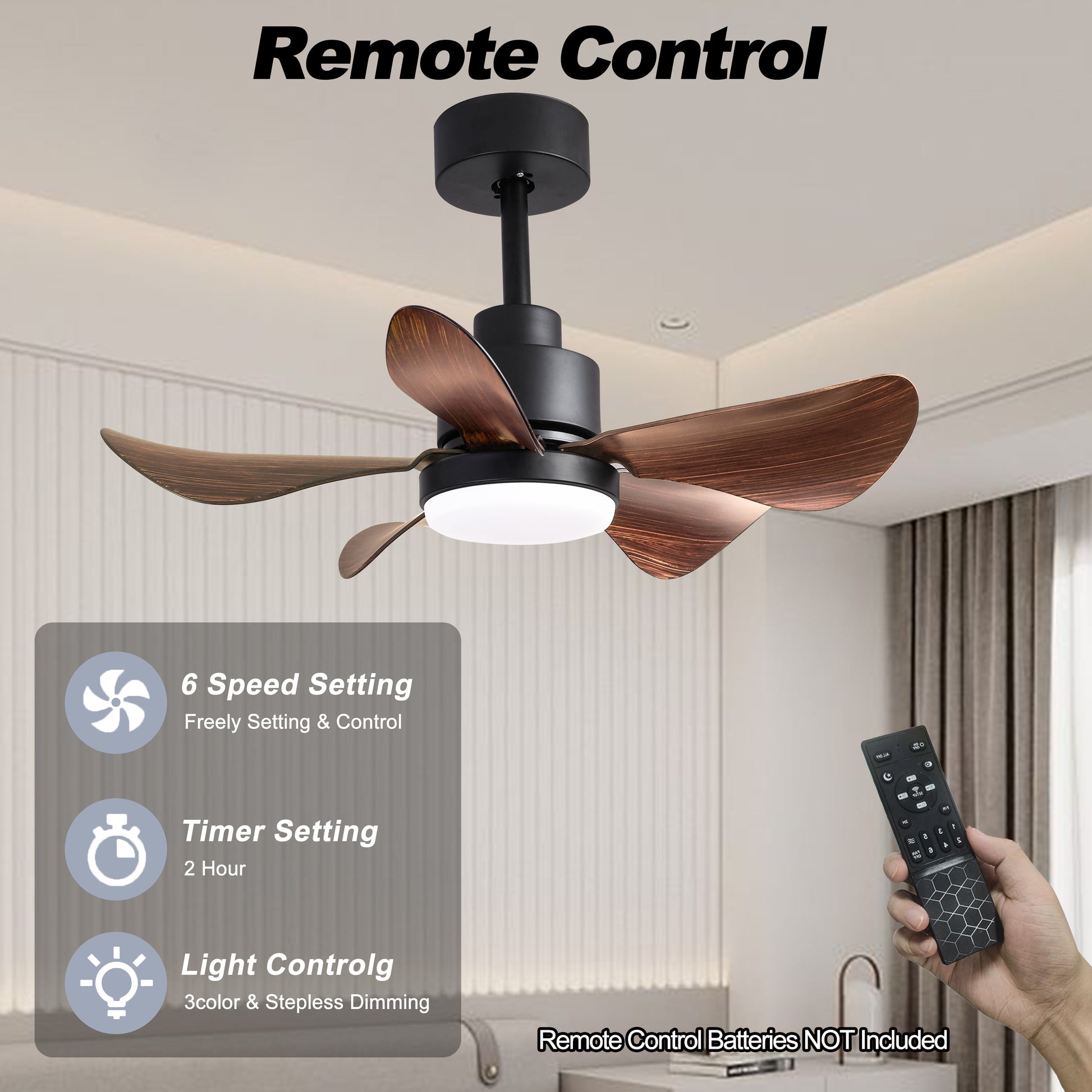 Modern ceiling fan with dark woodgrain blades and integrated LED light controlled by remote