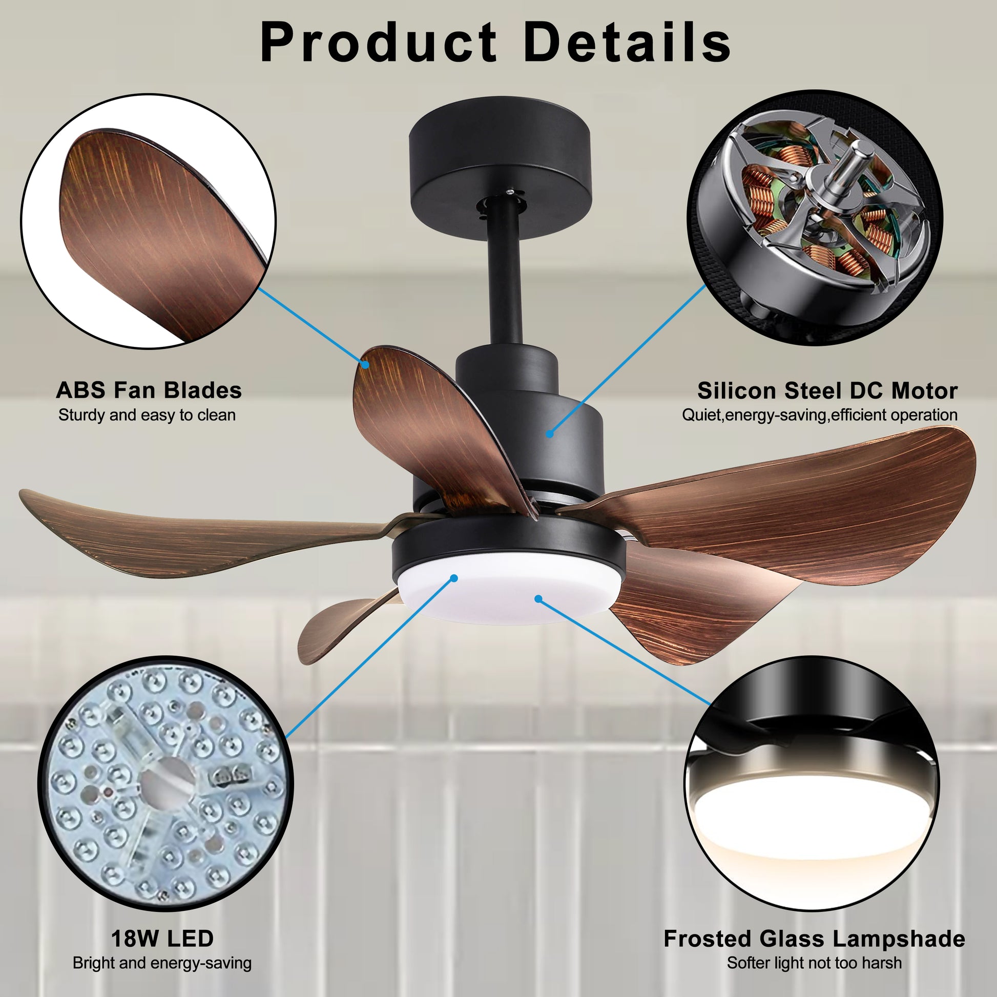 Bronze ABS fan blades with wood grain detail on modern ceiling fan