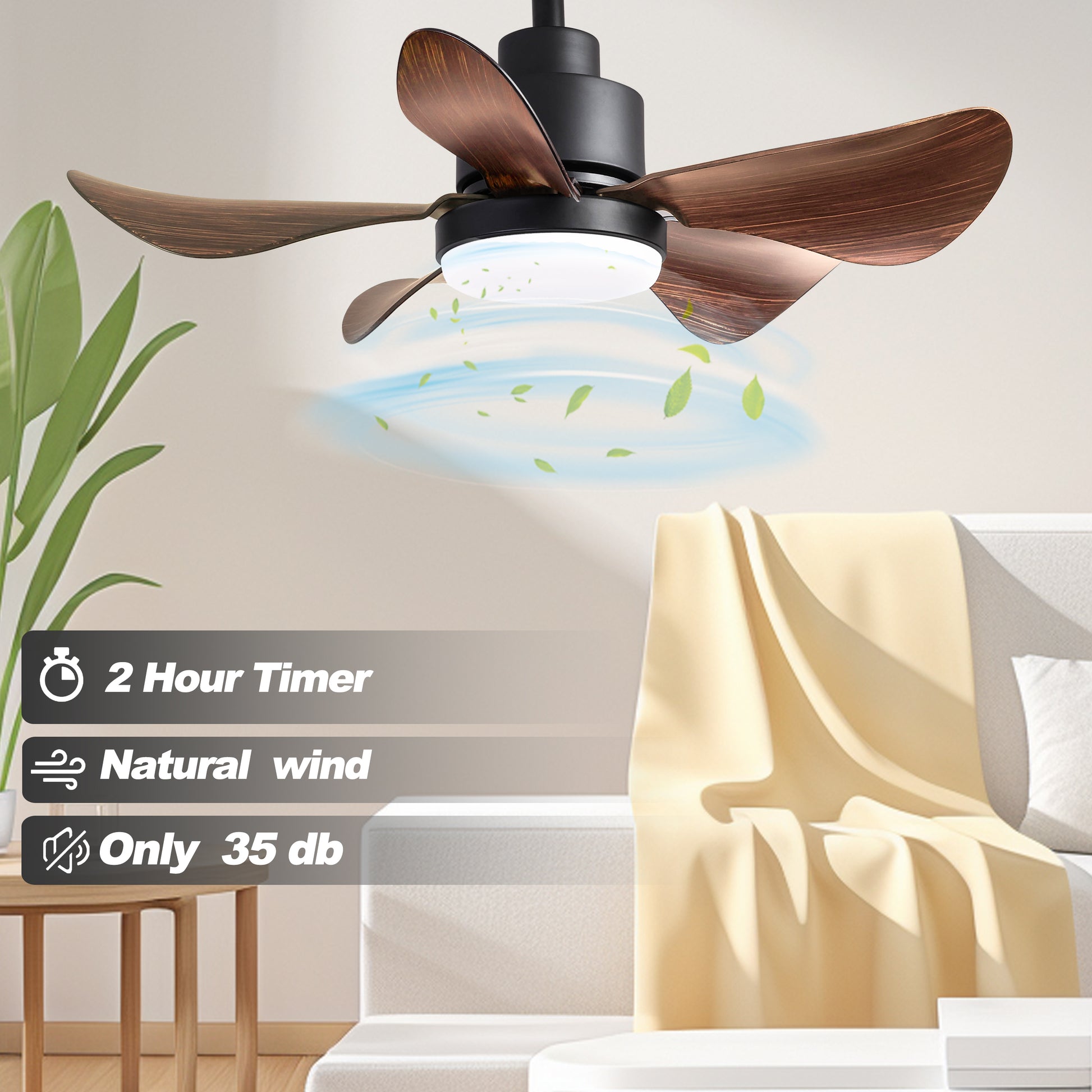 Bronze wood blade ceiling fan with integrated LED light and natural wind setting