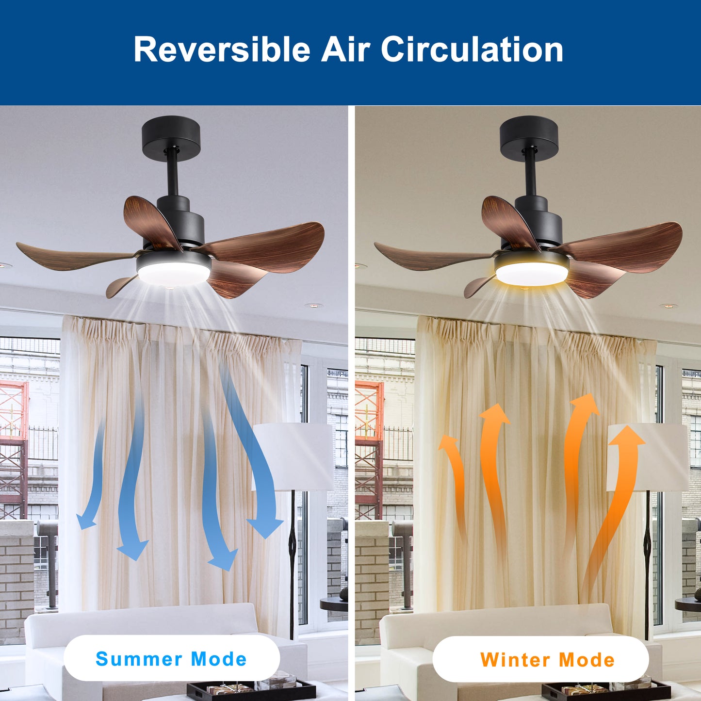 Black modern ceiling fan with wooden blades in summer mode circulating cool air downwards
