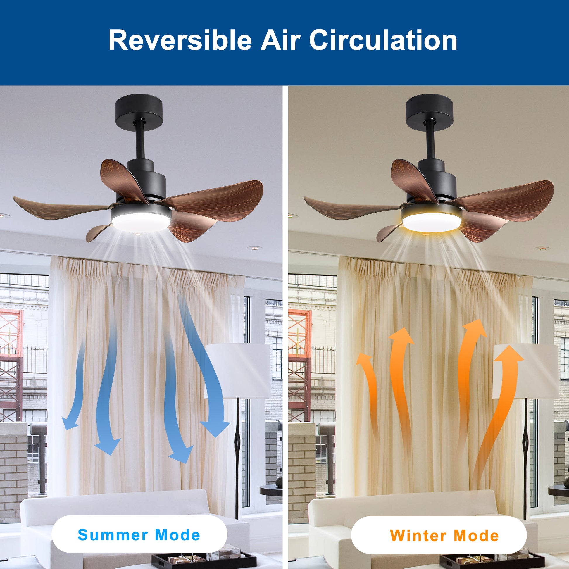 Black modern ceiling fan with wooden blades in summer mode circulating cool air downwards