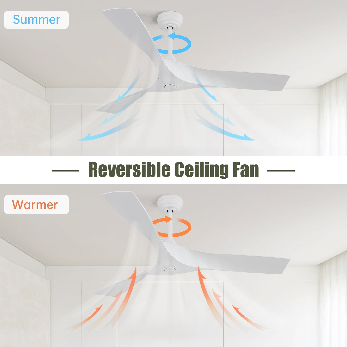 Modern white reversible ceiling fan in summer mode directing cool air downwards