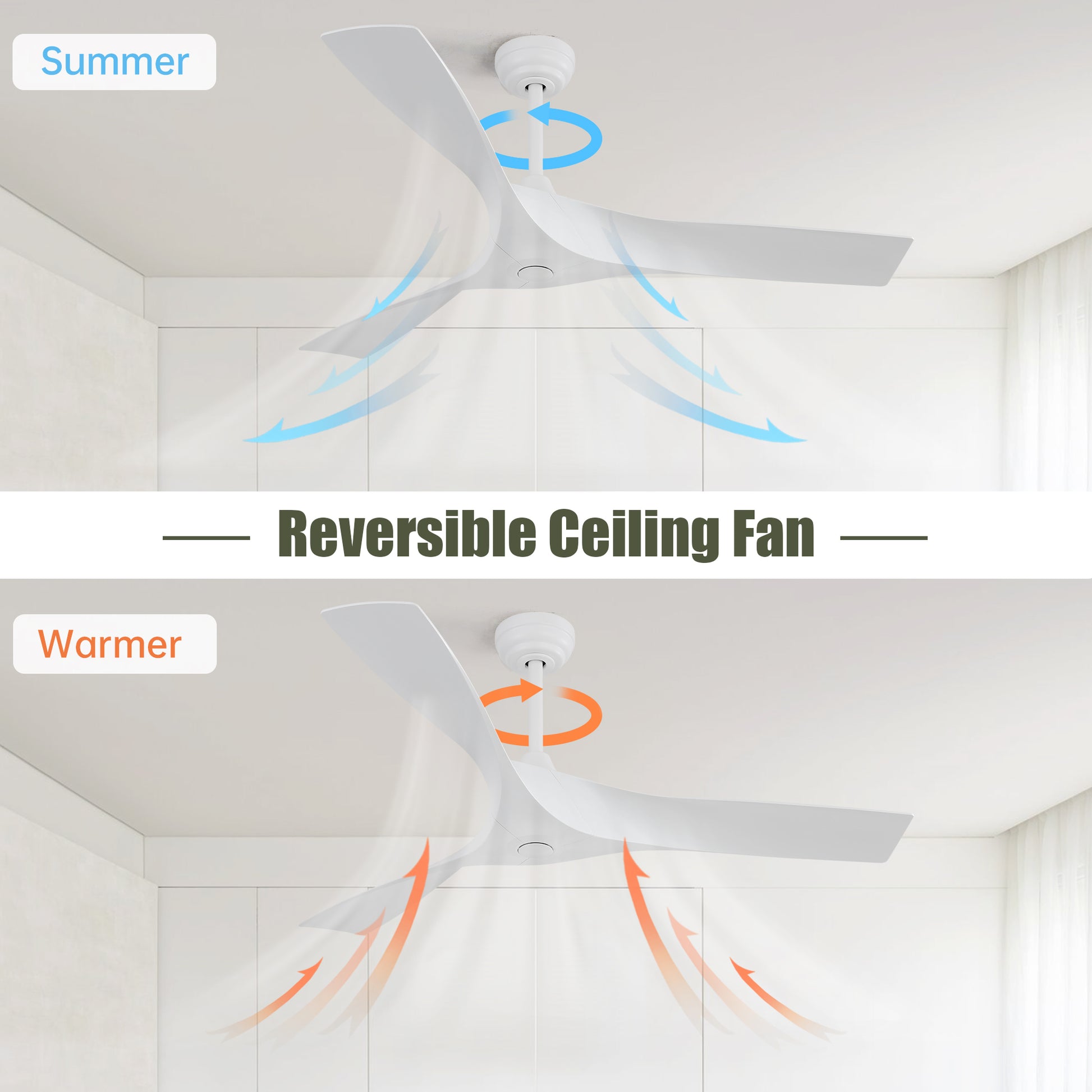 Modern white reversible ceiling fan in summer mode directing cool air downwards