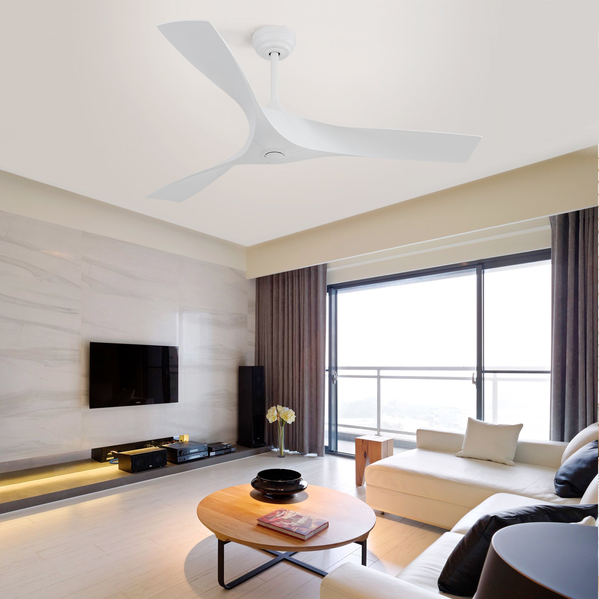 Modern white threeblade ceiling fan with sleek minimalist design perfect for contemporary living spaces