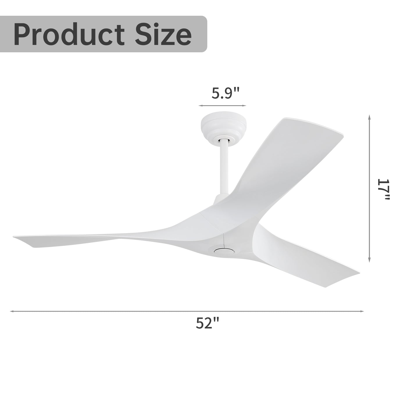 Modern white inch ceiling fan with unique twisted blades and inch drop height
