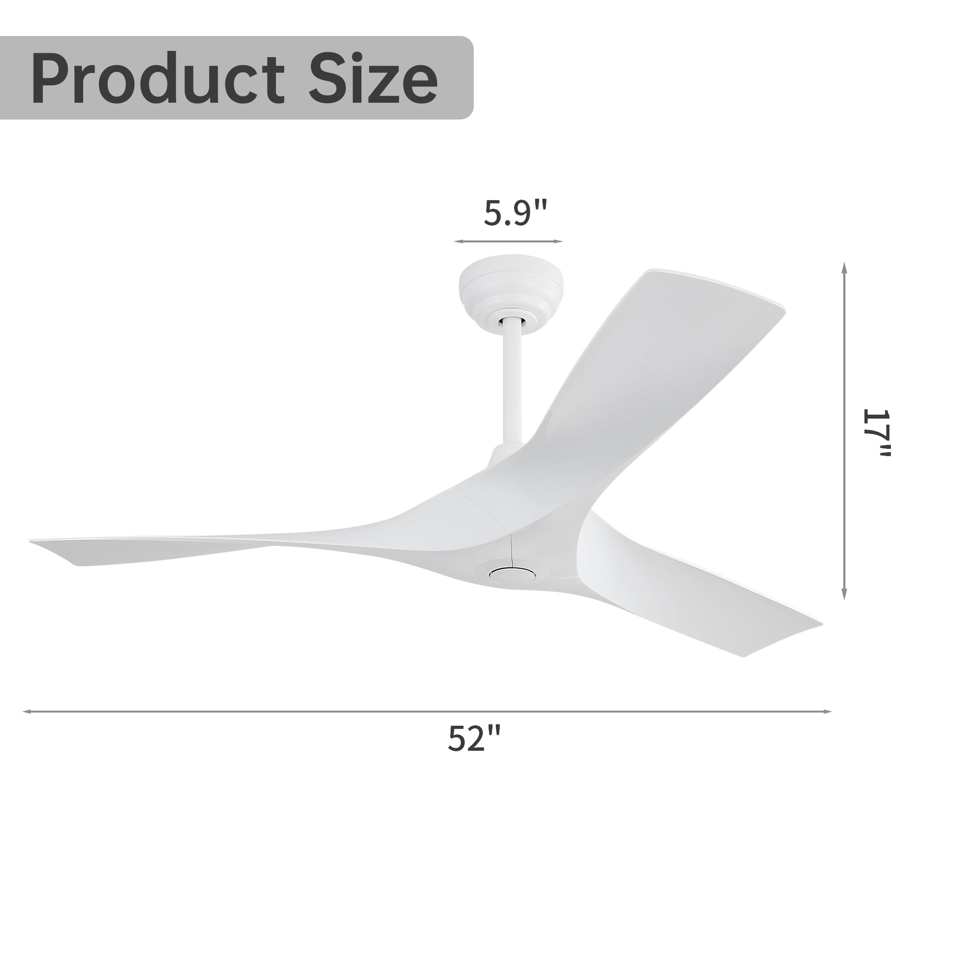 Modern white inch ceiling fan with unique twisted blades and inch drop height