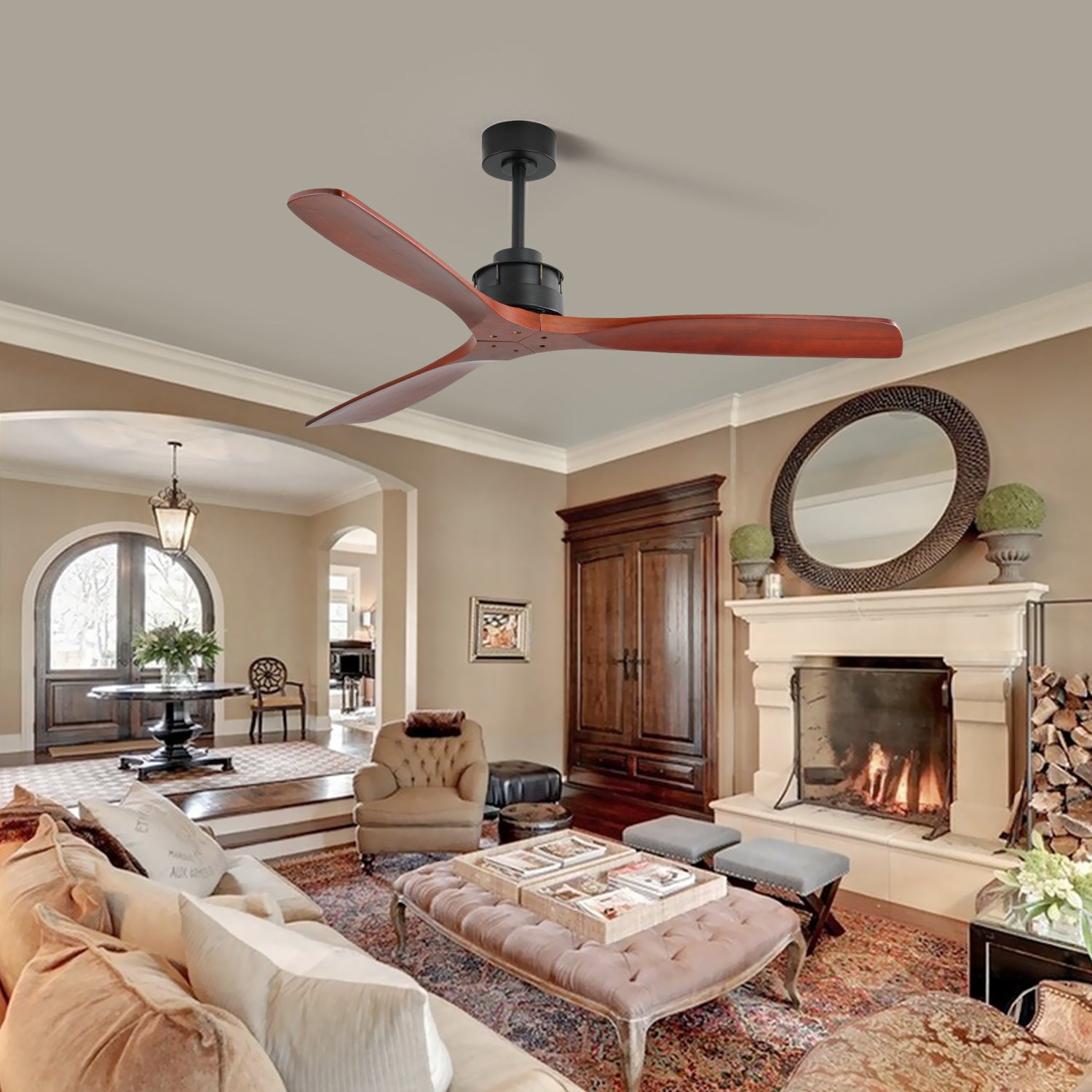 Contemporary wooden blade ceiling fan with black motor blade design