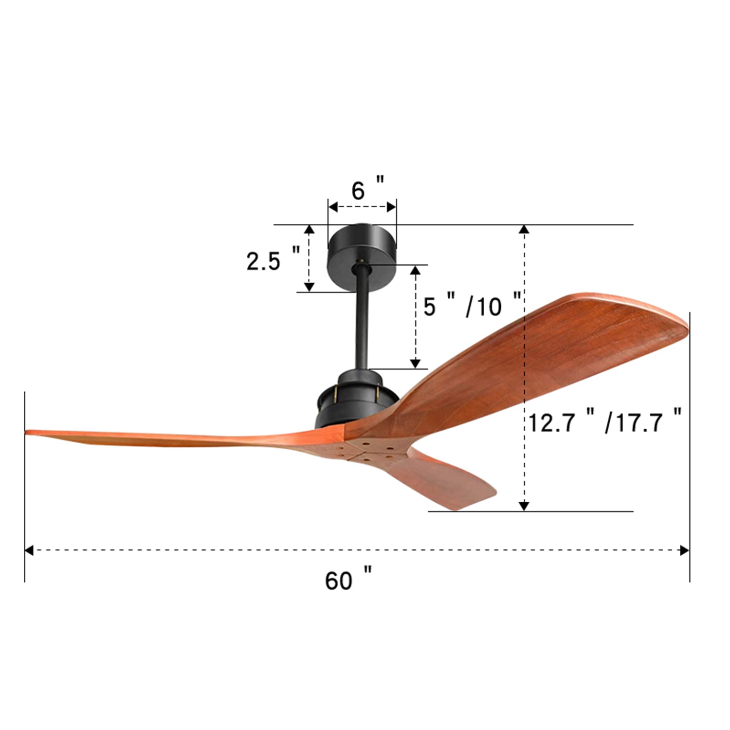 Modern inch ceiling fan with three dark wood blades and a matte black motor housing