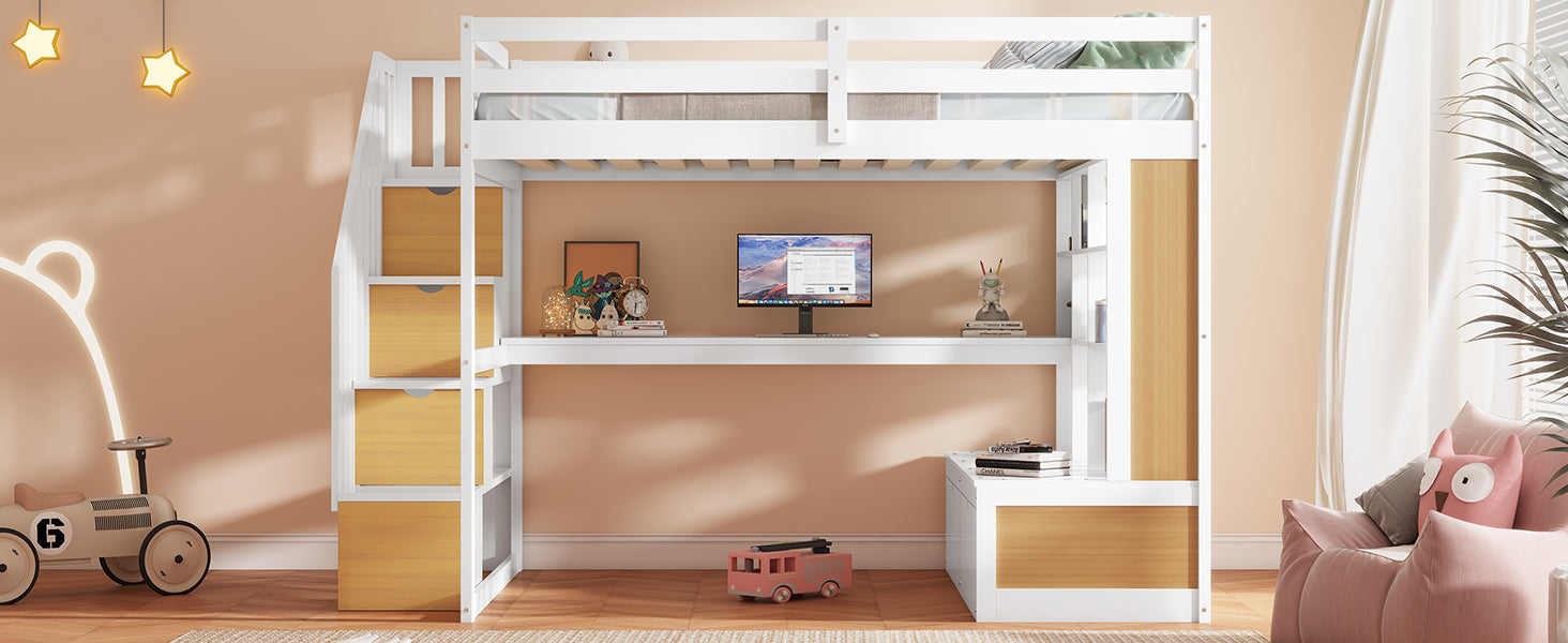 White wooden loft bed with desk and storage drawers for childrens room