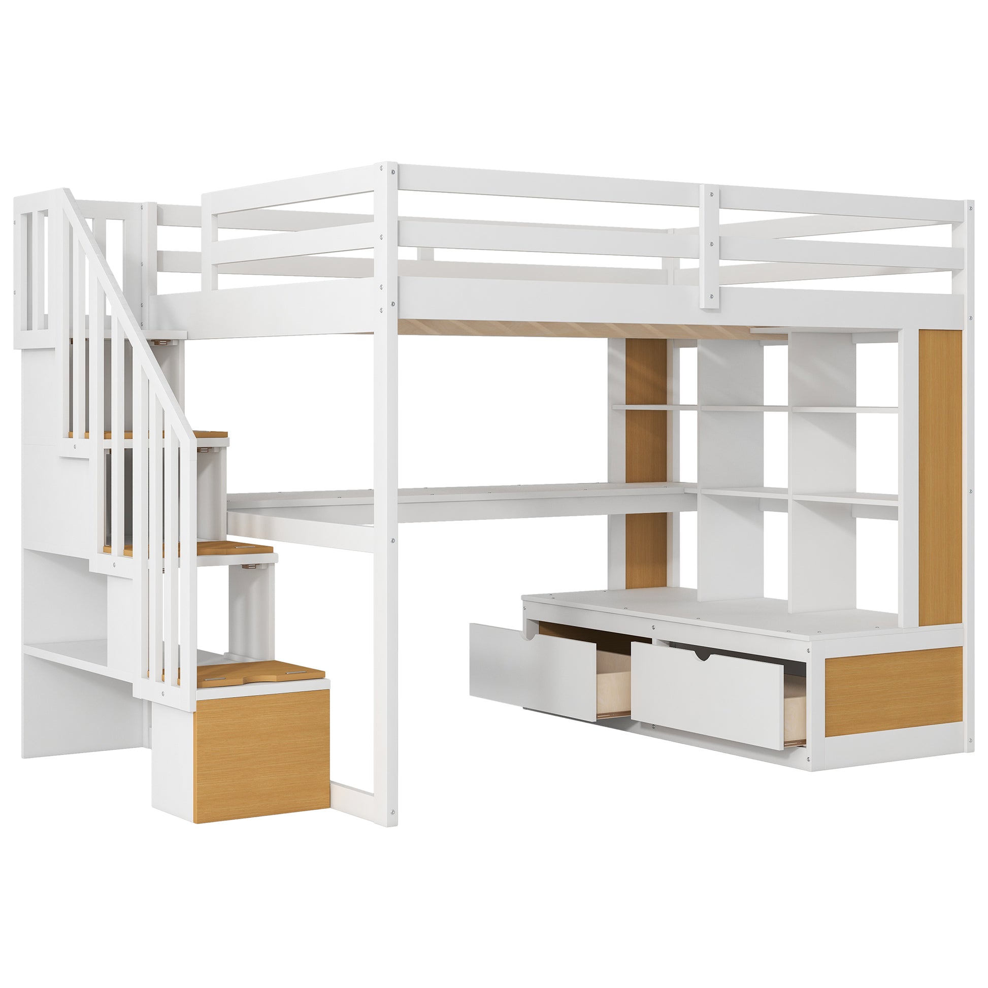 White loft bed with stairs storage shelves and drawers for kids rooms