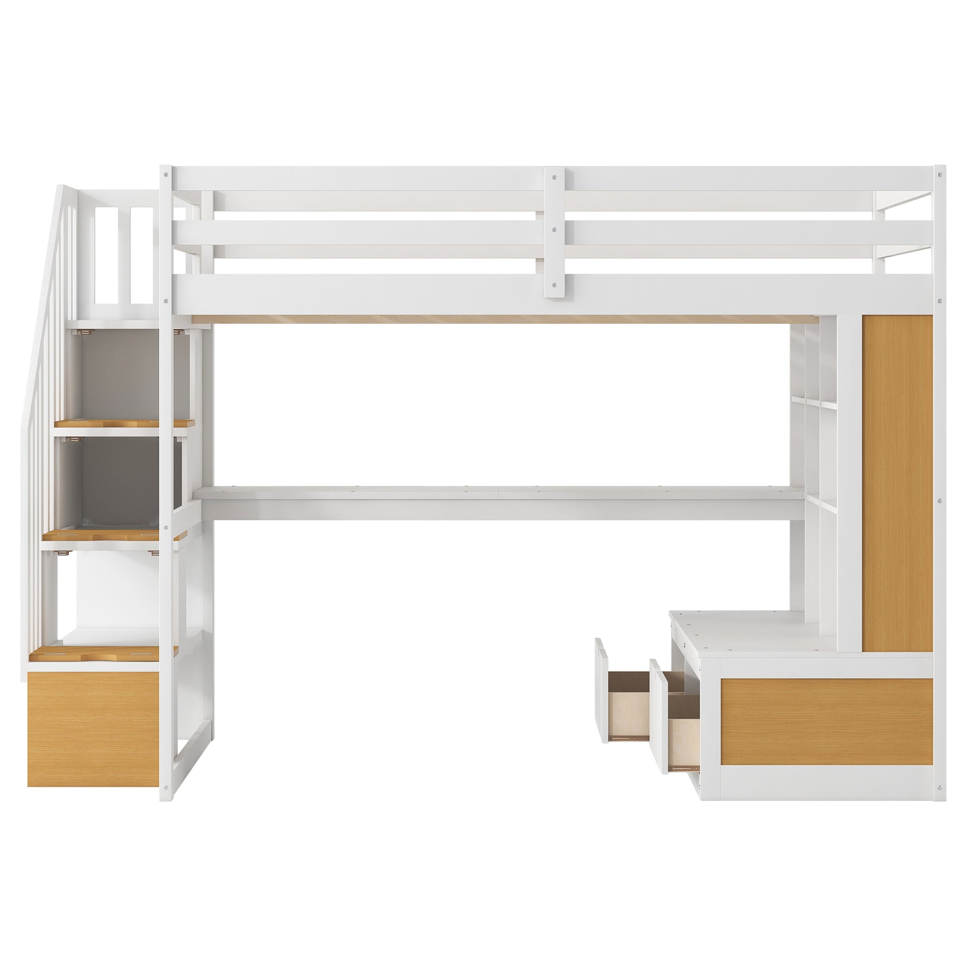 White loft bed with integrated desk and stairs ideal for kids rooms