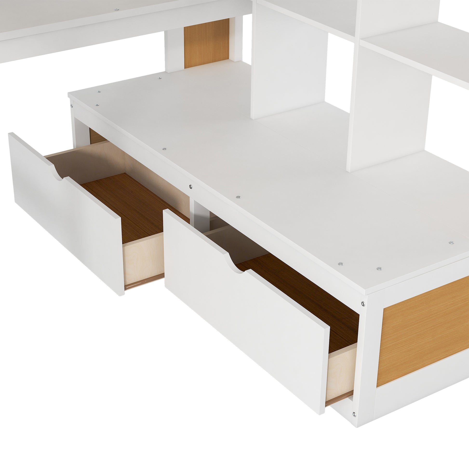 White modern dresser with two open drawers showcasing wood interiors