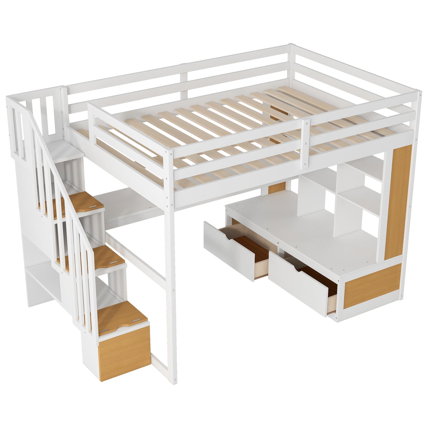 White loft bed with stairs drawers and shelves for kids room