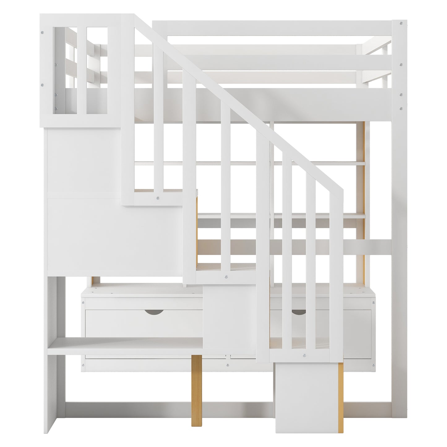 White bunk bed with stairs featuring integrated drawers and shelving for kids room