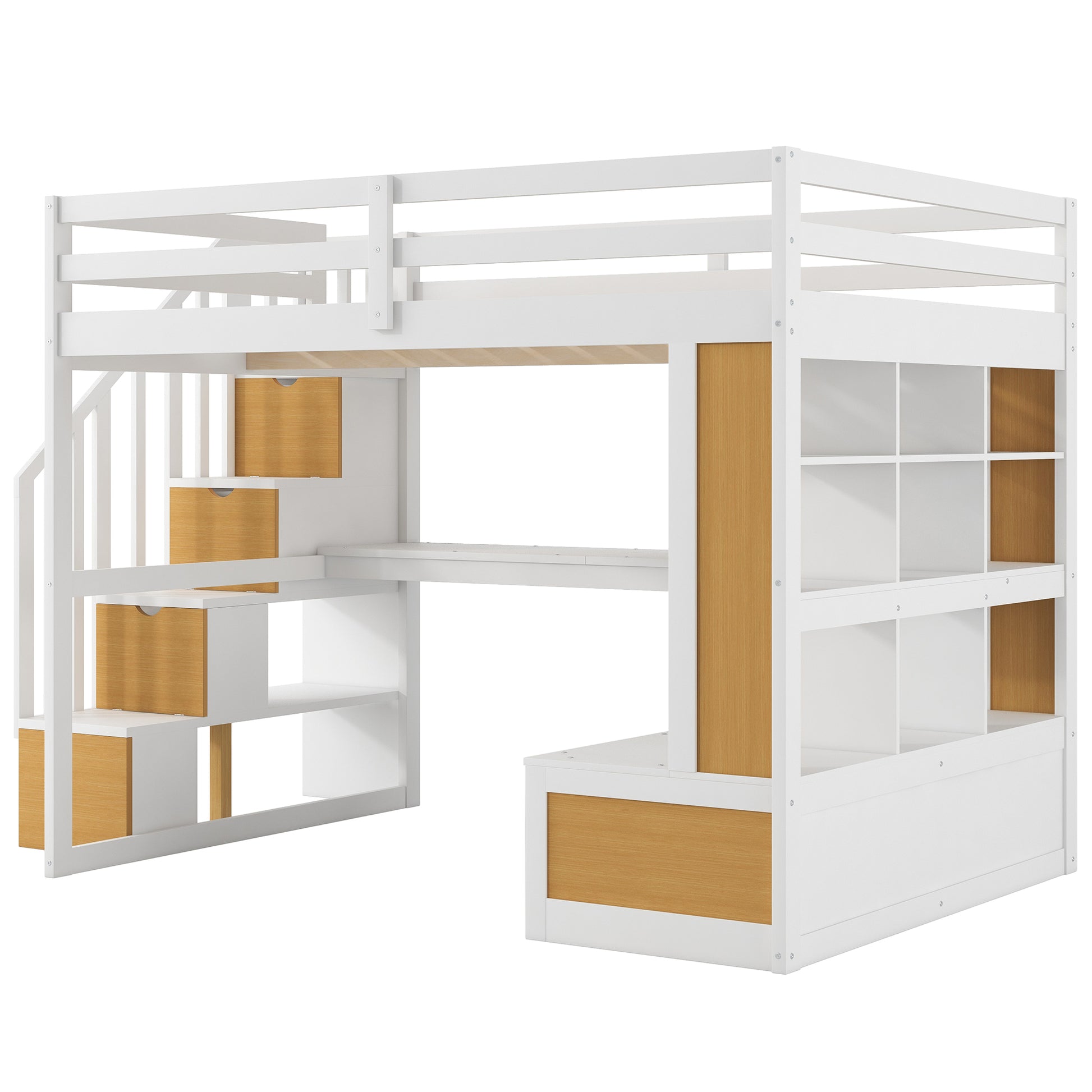 White loft bed with desk and stairs featuring woodgrain drawers and shelves