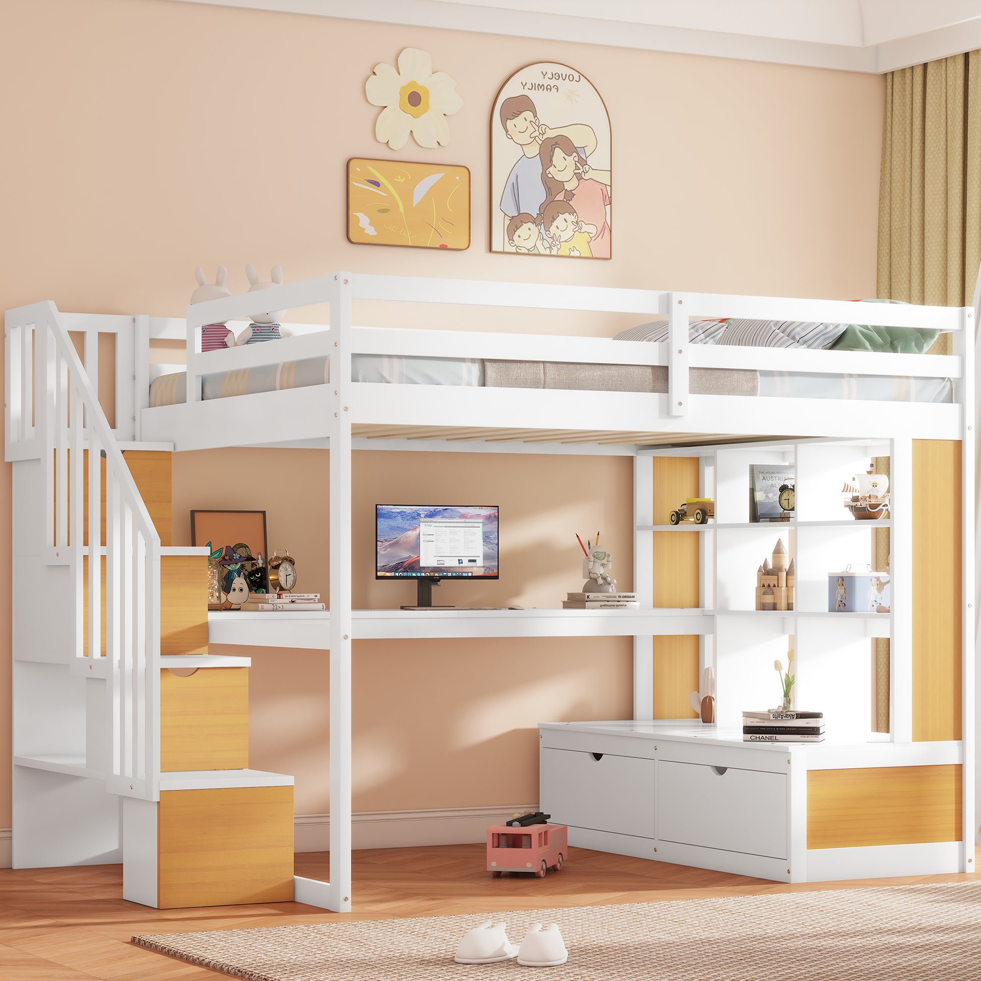 White loft bed with stairs integrated desk and shelving perfect for kids bedrooms