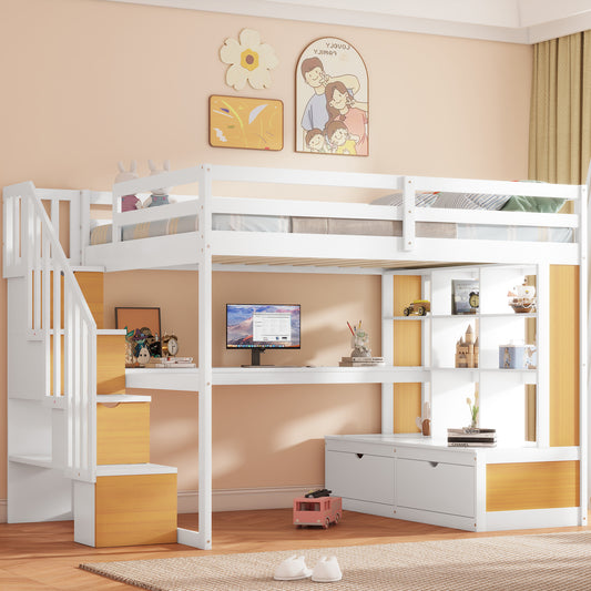 White loft bed with stairs integrated desk and shelving perfect for kids bedrooms