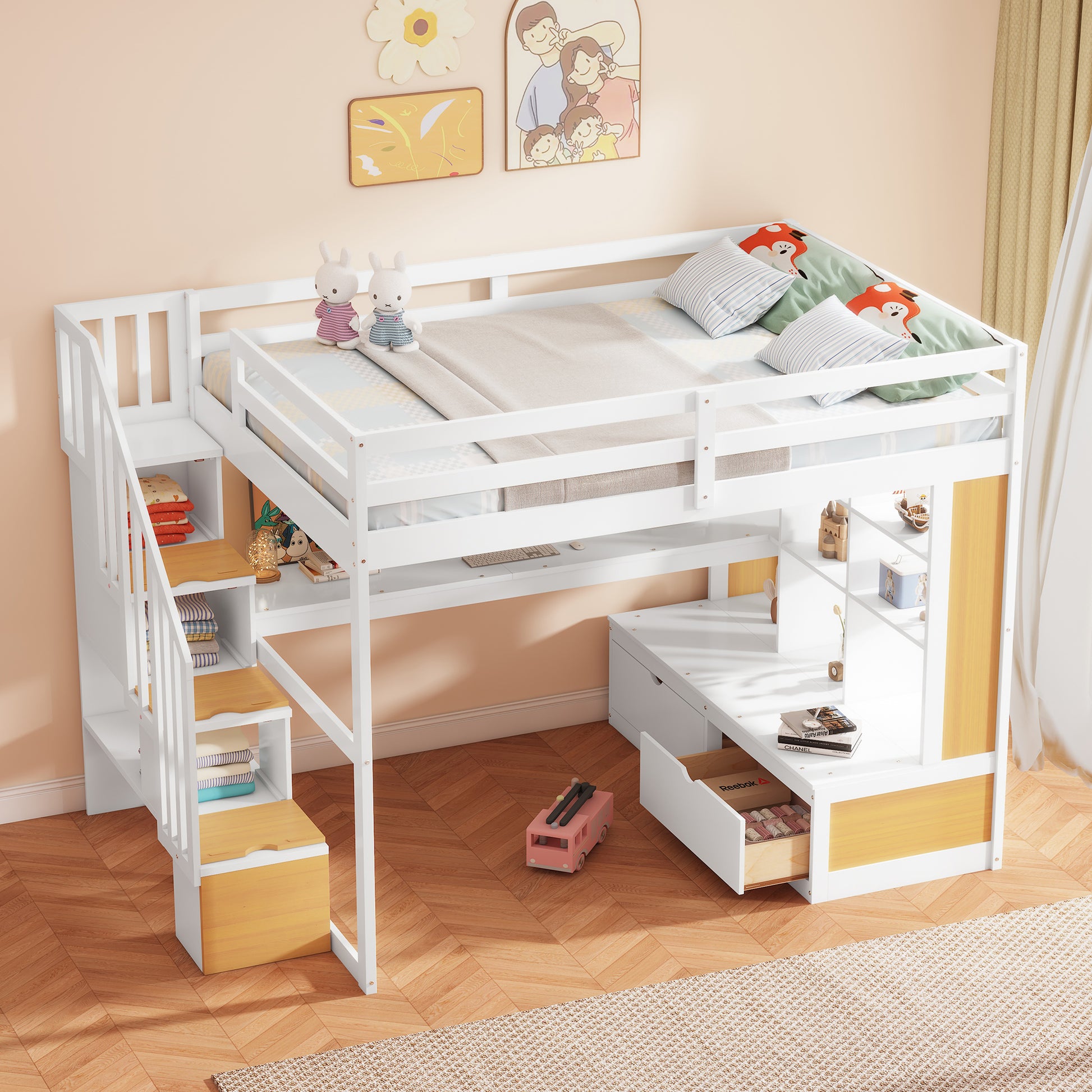 White wooden loft bed with stairs and desk perfect for kids room