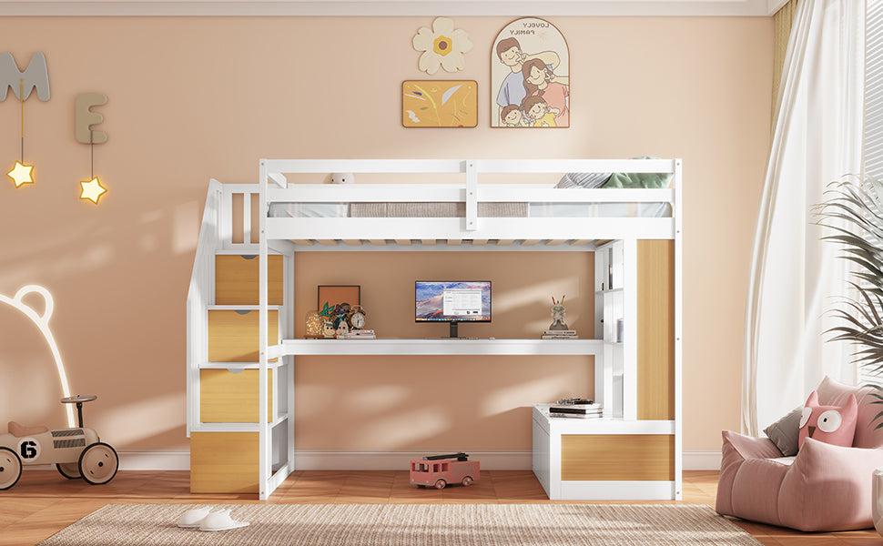 White loft bed with integrated desk and storage drawers perfect for kids