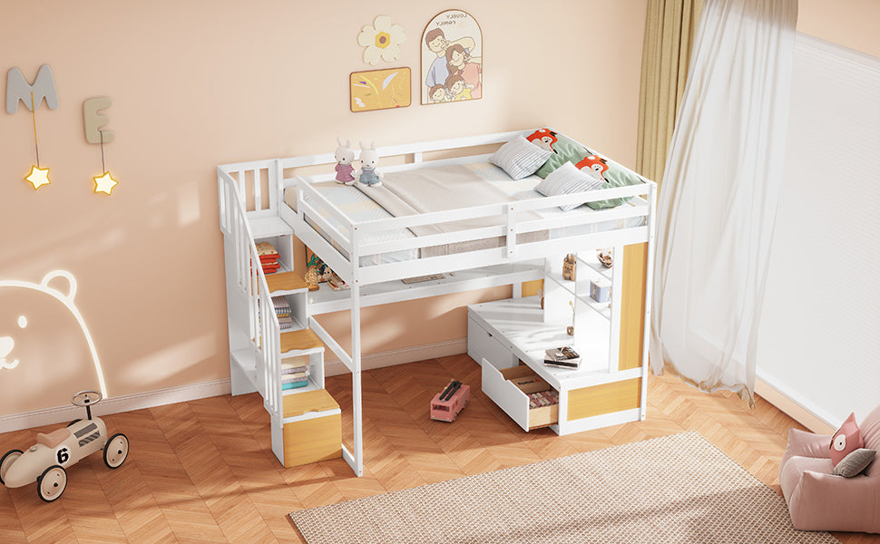 White twin loft bed with builtin stairs and storage drawers for kids room