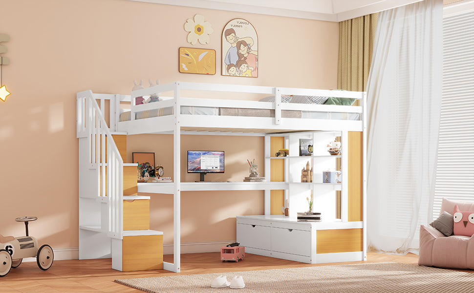 White wooden loft bed with integrated desk and storage perfect for kids rooms