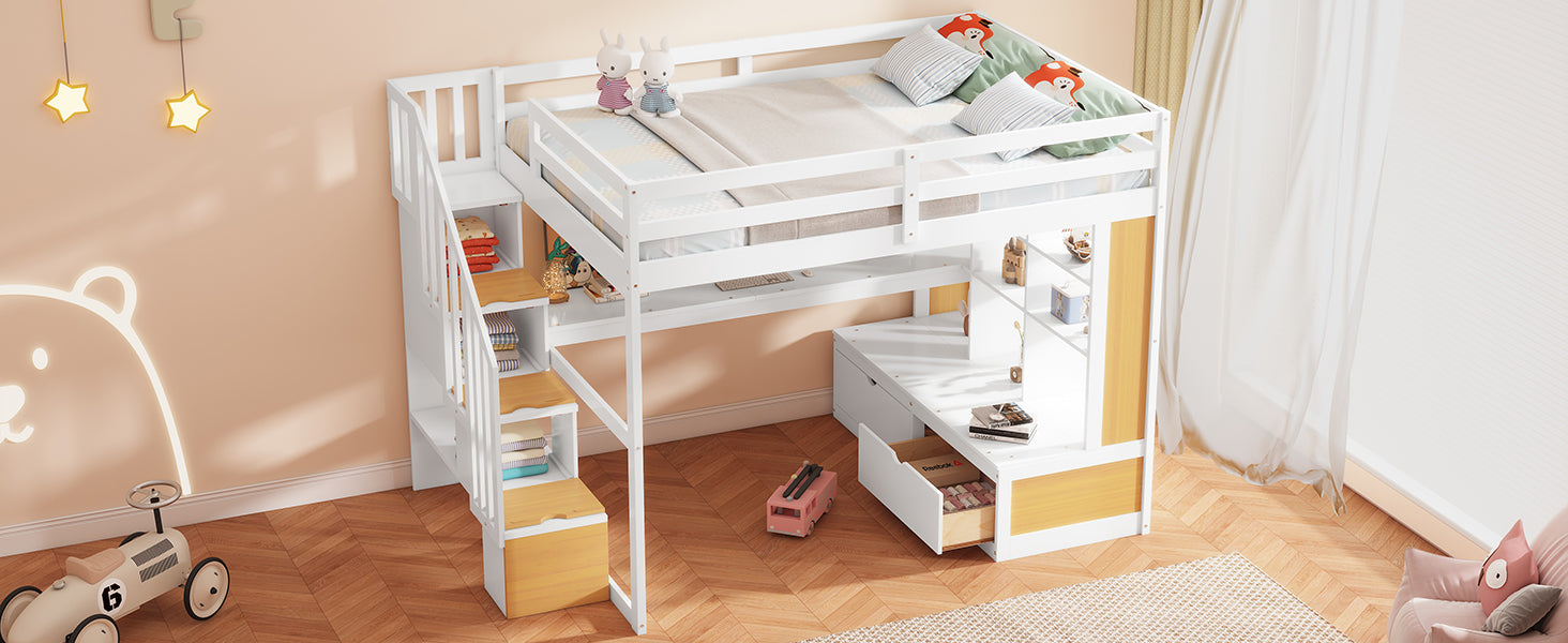 White loft bed with stairs and desk for kids room
