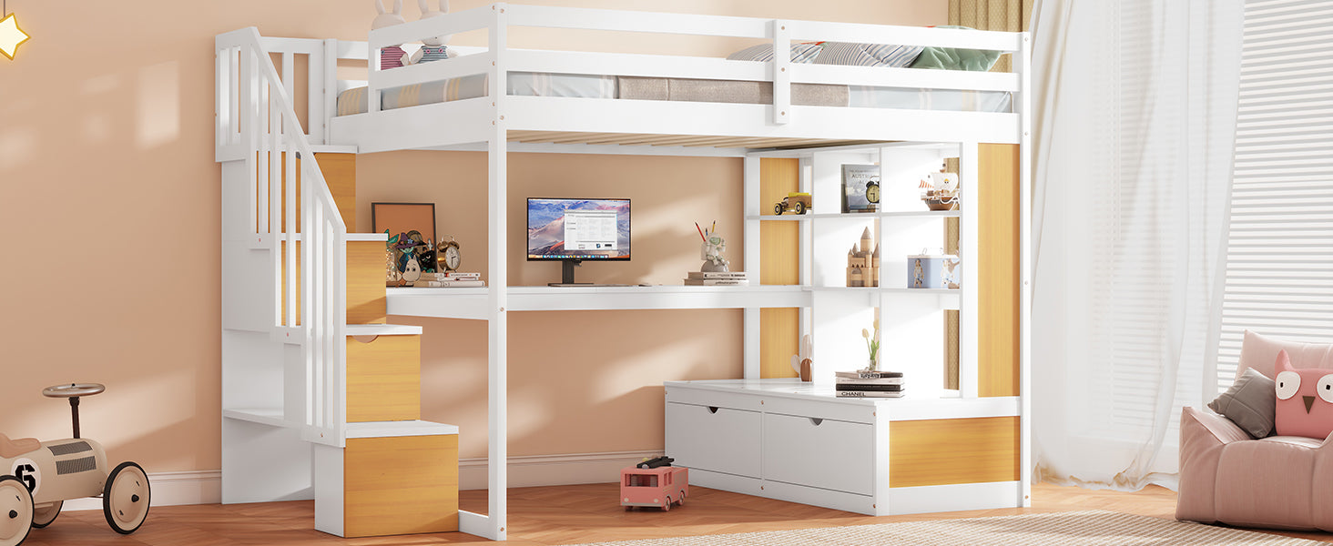 White wooden loft bed with stairs desk and shelves