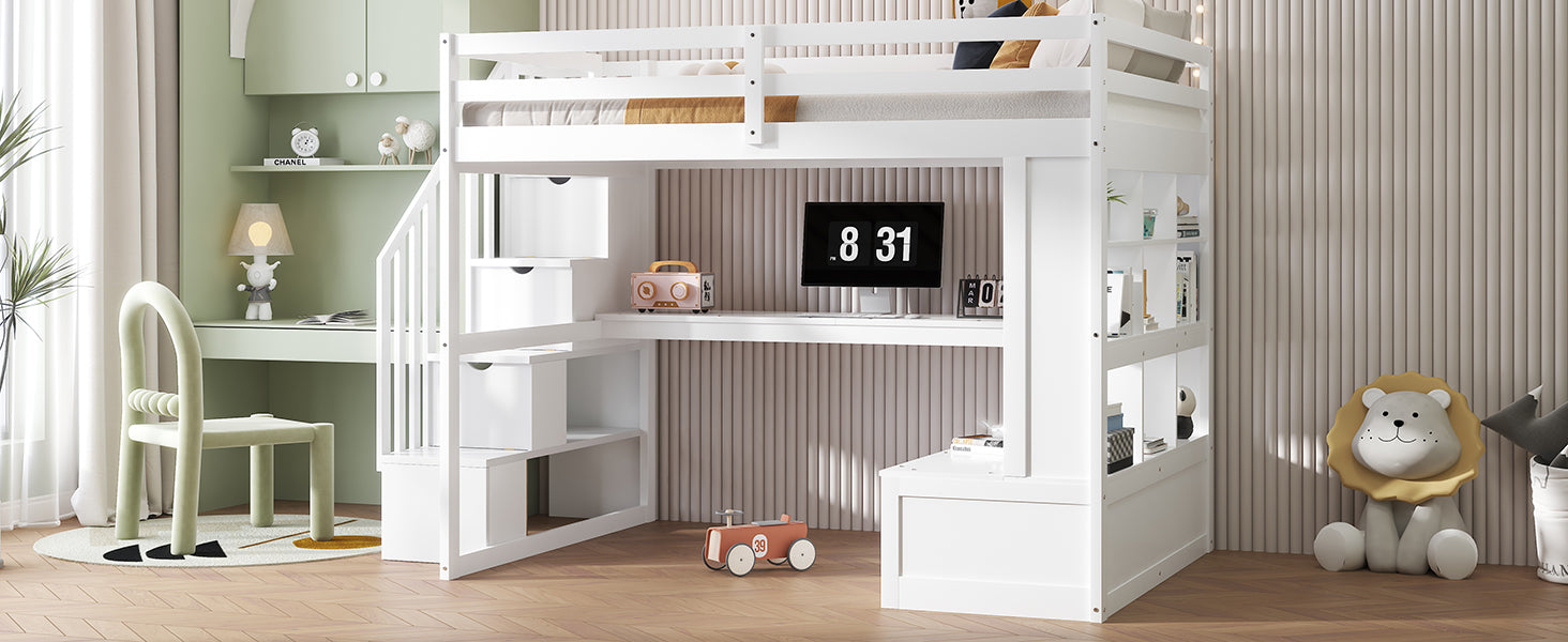 White wooden loft bed with desk and stairs ideal for a childs bedroom
