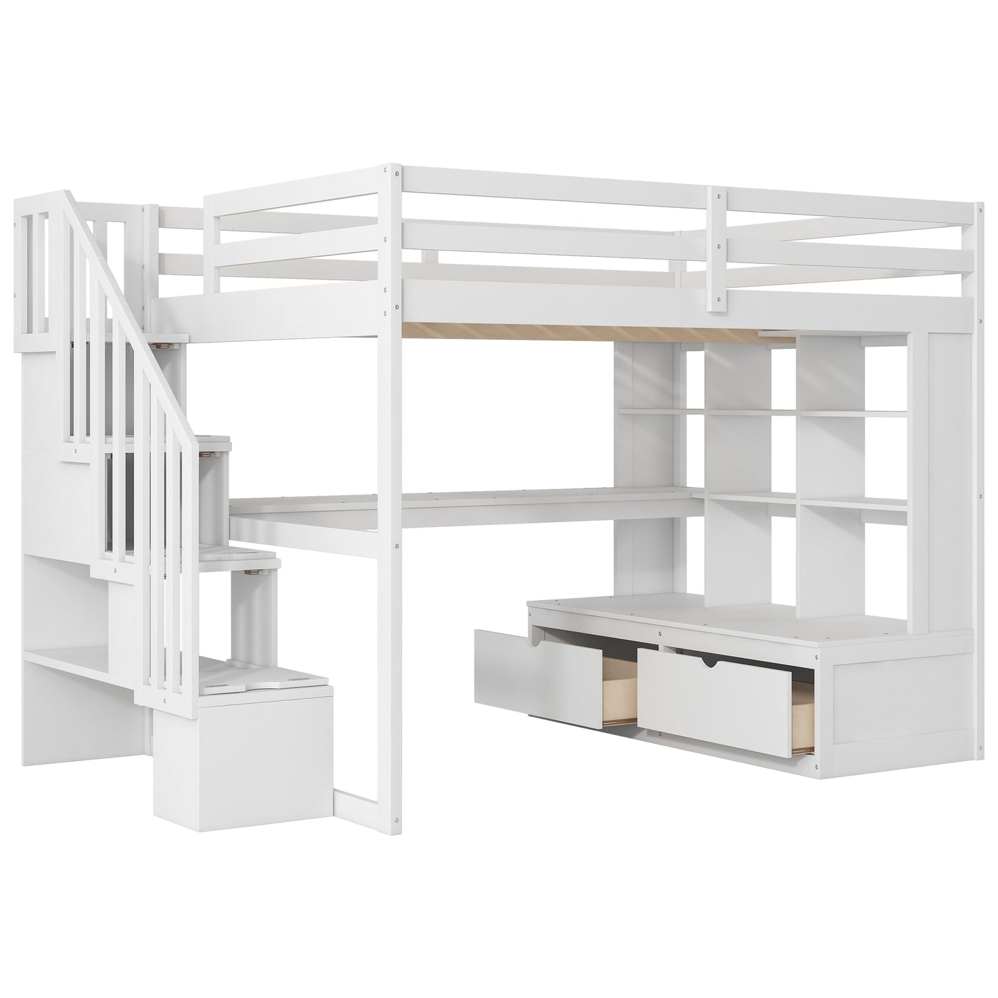 White loft bed with stairs and storage drawers