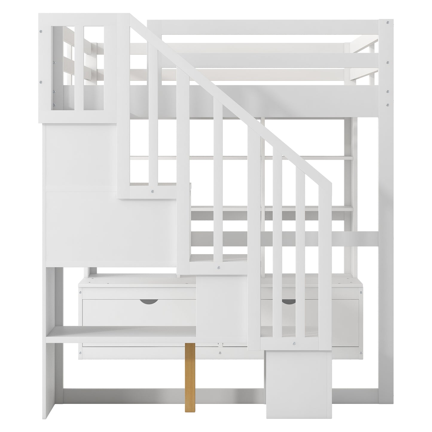 White wooden bunk bed with stairs and drawers for kids room