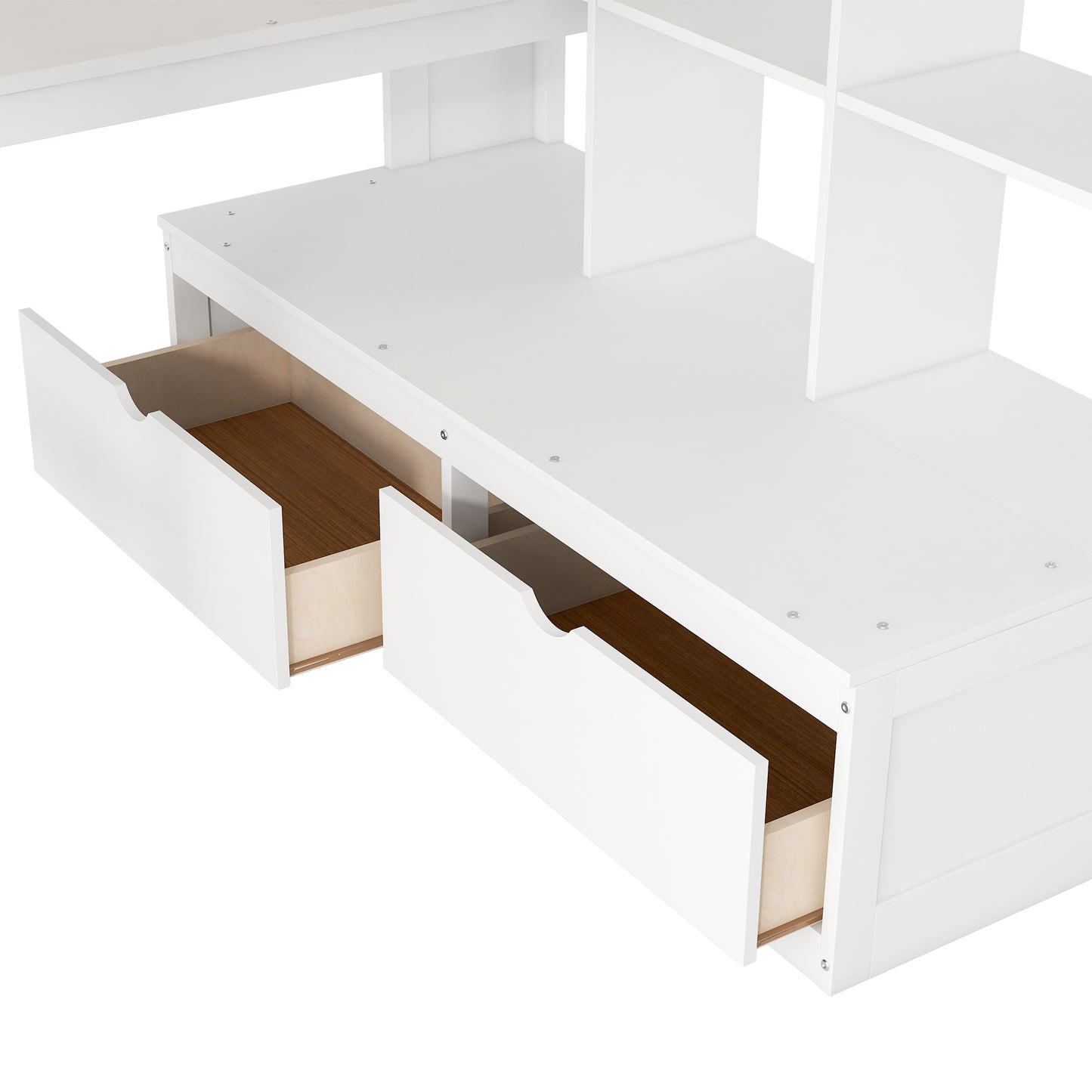 White wood bunk bed with two open drawers for storage