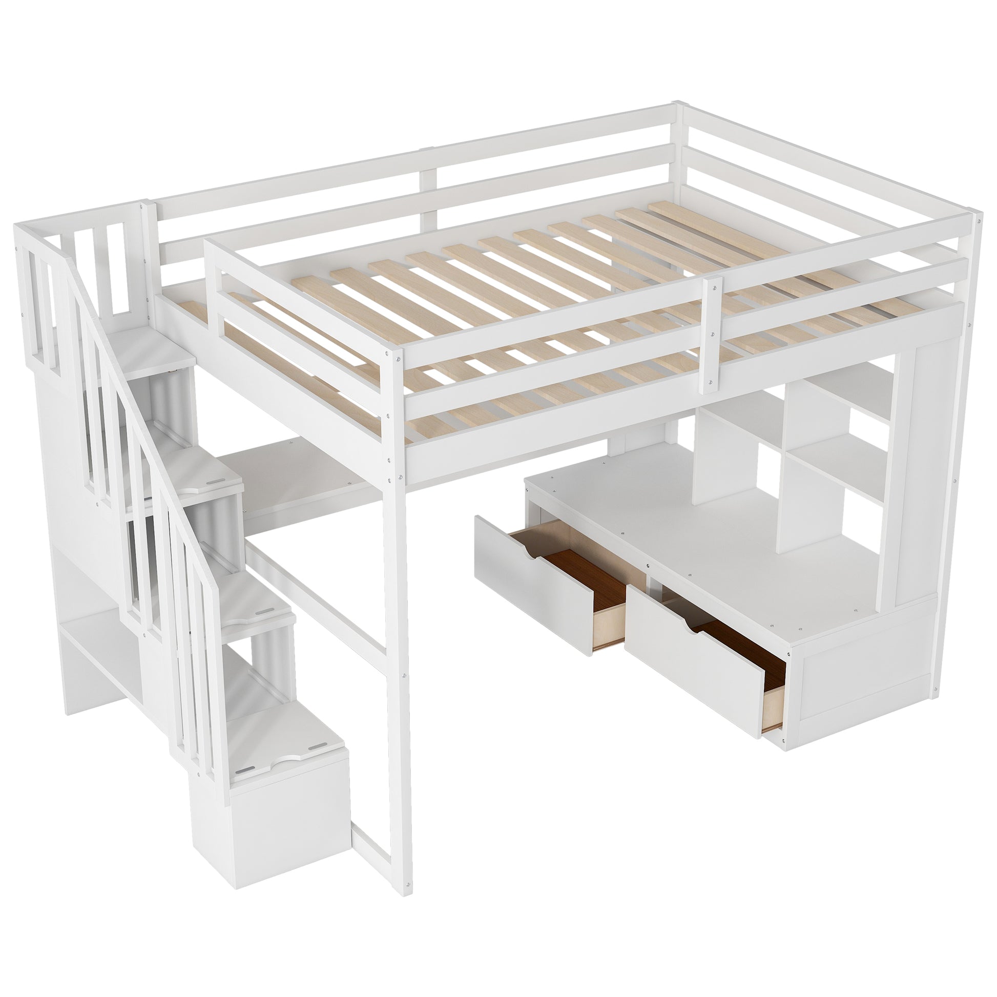 White wooden loft bed with staircase and drawers for kids bedroom