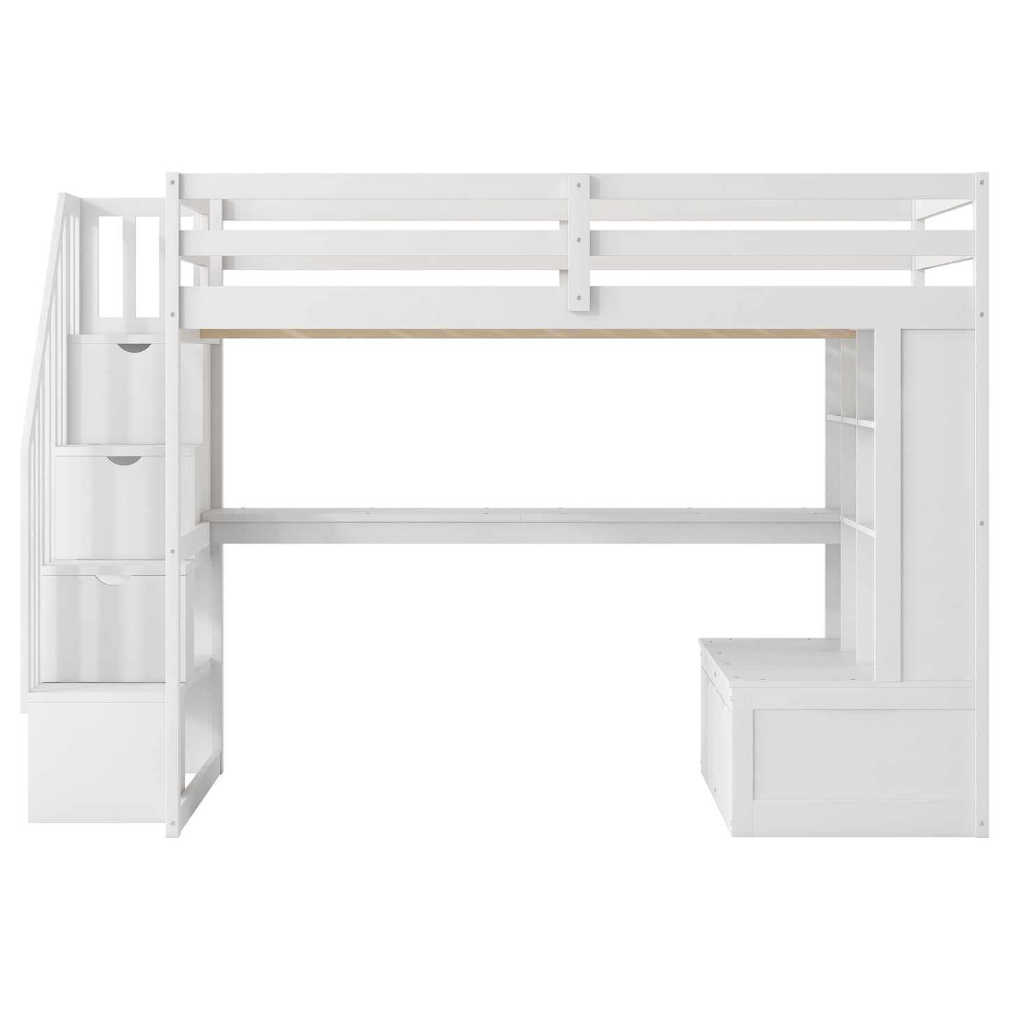 White wooden loft bed with stairs desk and storage drawers for a childs room