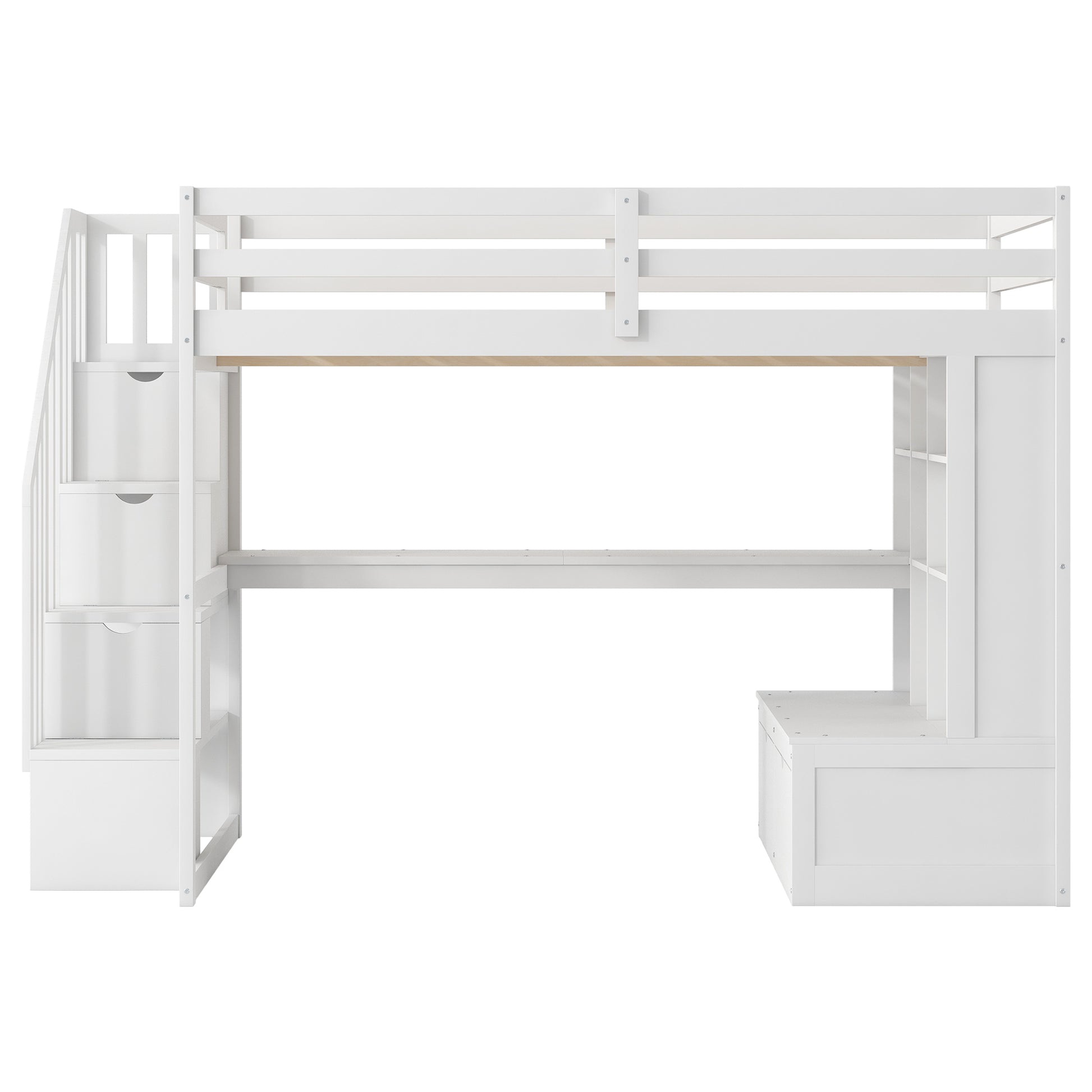 White wooden loft bed with stairs desk and storage drawers for a childs room