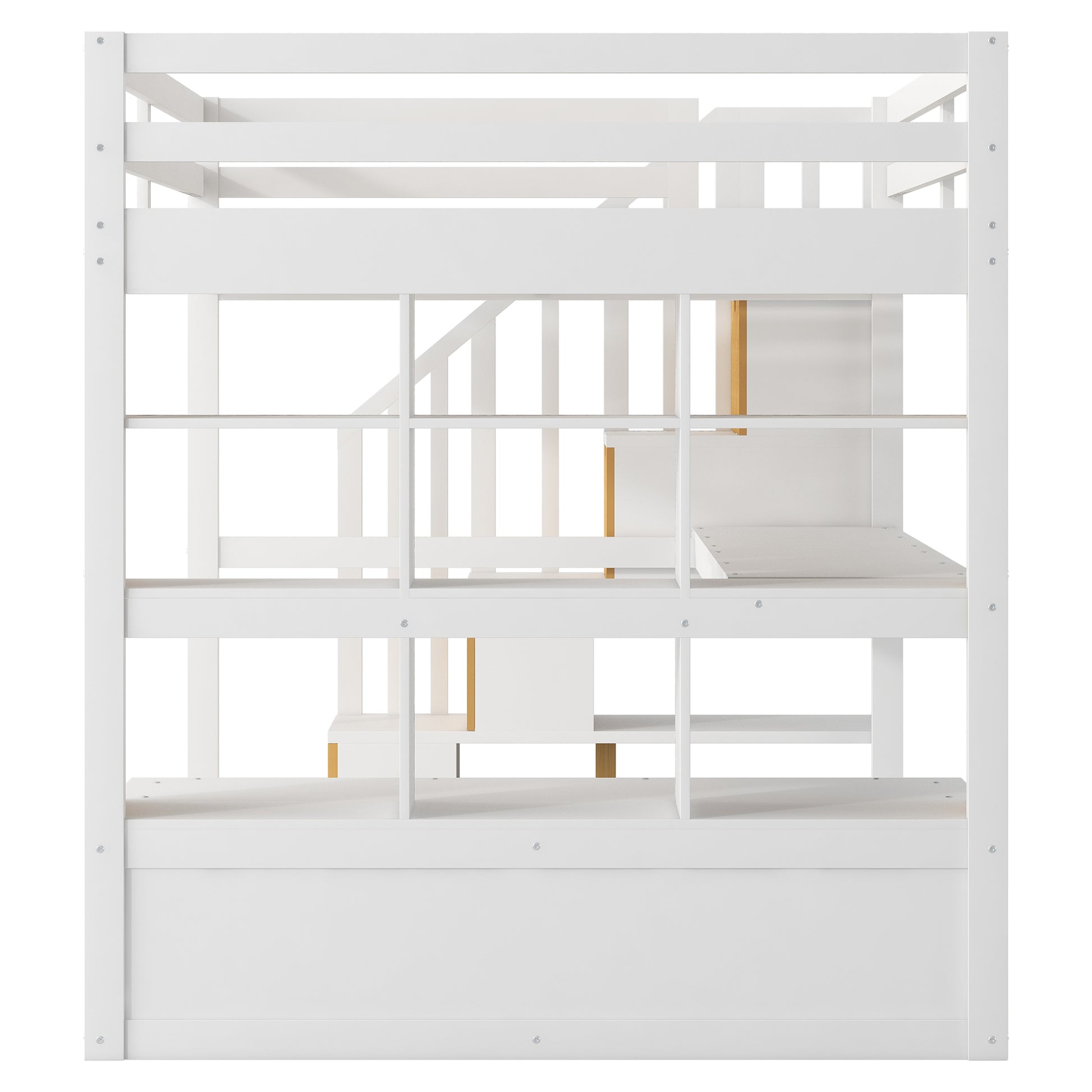 Modern white wooden twin loft bed frame with integrated desk and stairs for kids room